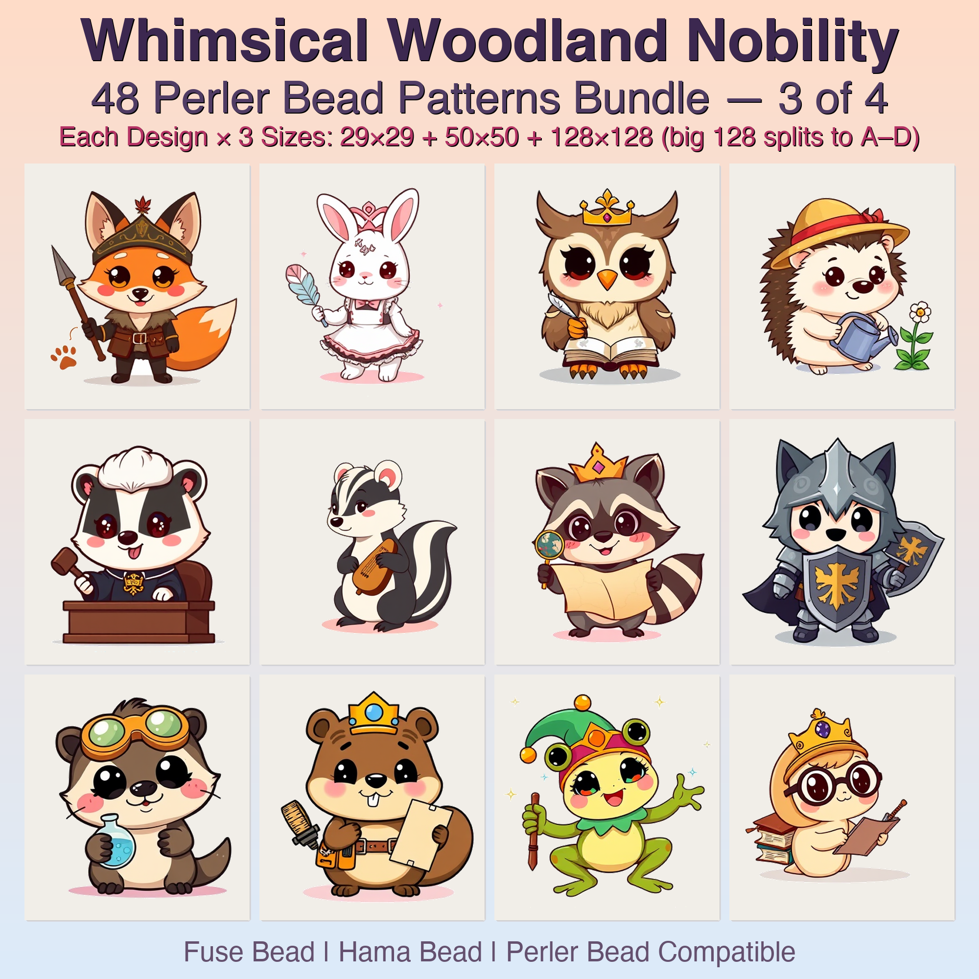 Whimsical Woodland Nobility Perler Bead Patterns, 48 Designs x 3 Grid Sizes (29x29 + 50x50 + 128x128), Fuse Bead PDF Digital Download
