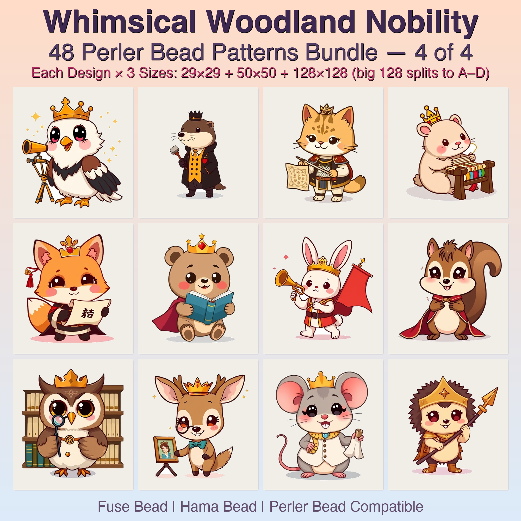 Whimsical Woodland Nobility Perler Bead Patterns, 48 Designs x 3 Grid Sizes (29x29 + 50x50 + 128x128), Fuse Bead PDF Digital Download