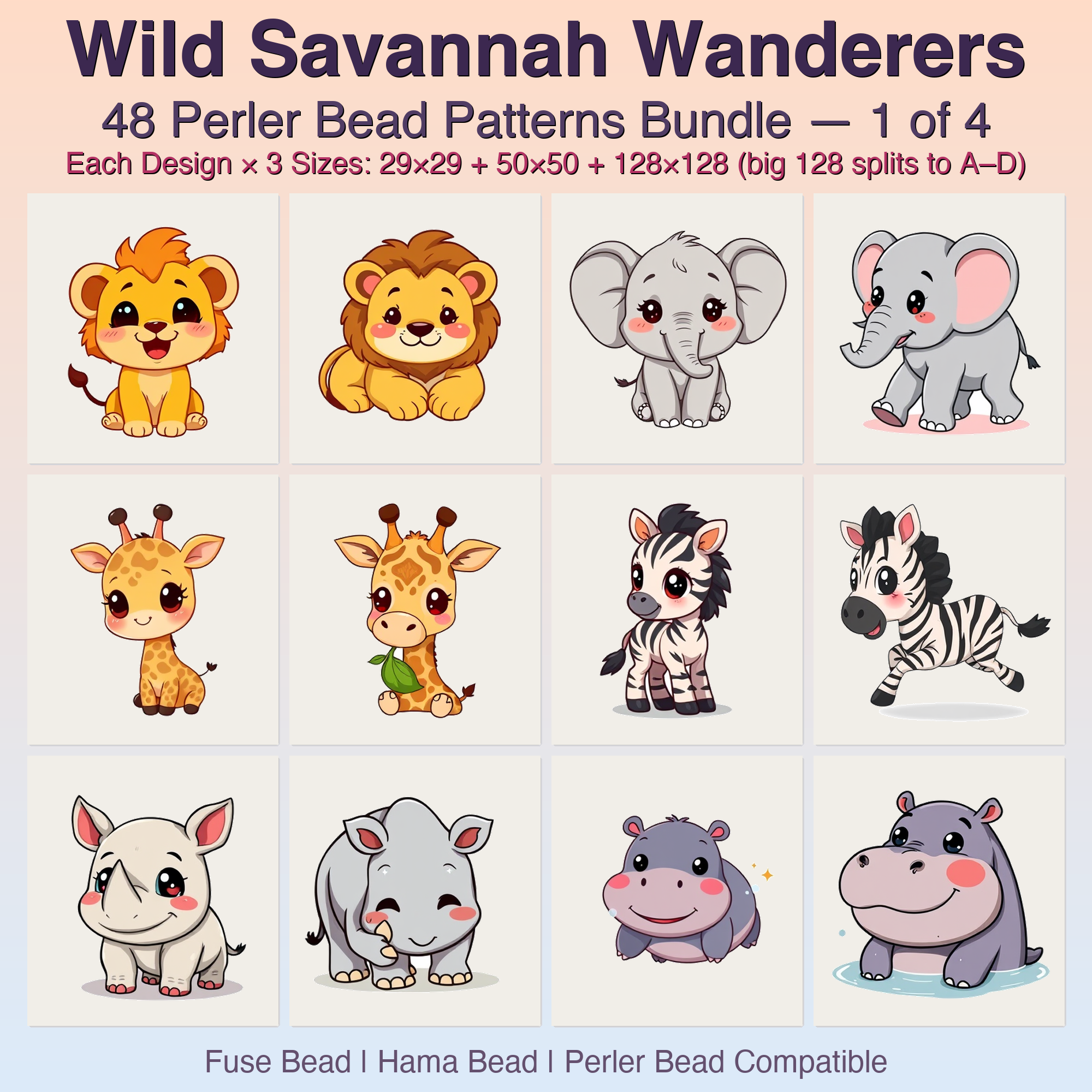 Wild Savannah Wanderers Perler Bead Patterns, 48 Designs x 3 Grid Sizes (29x29 + 50x50 + 128x128), Fuse Bead PDF Digital Download
