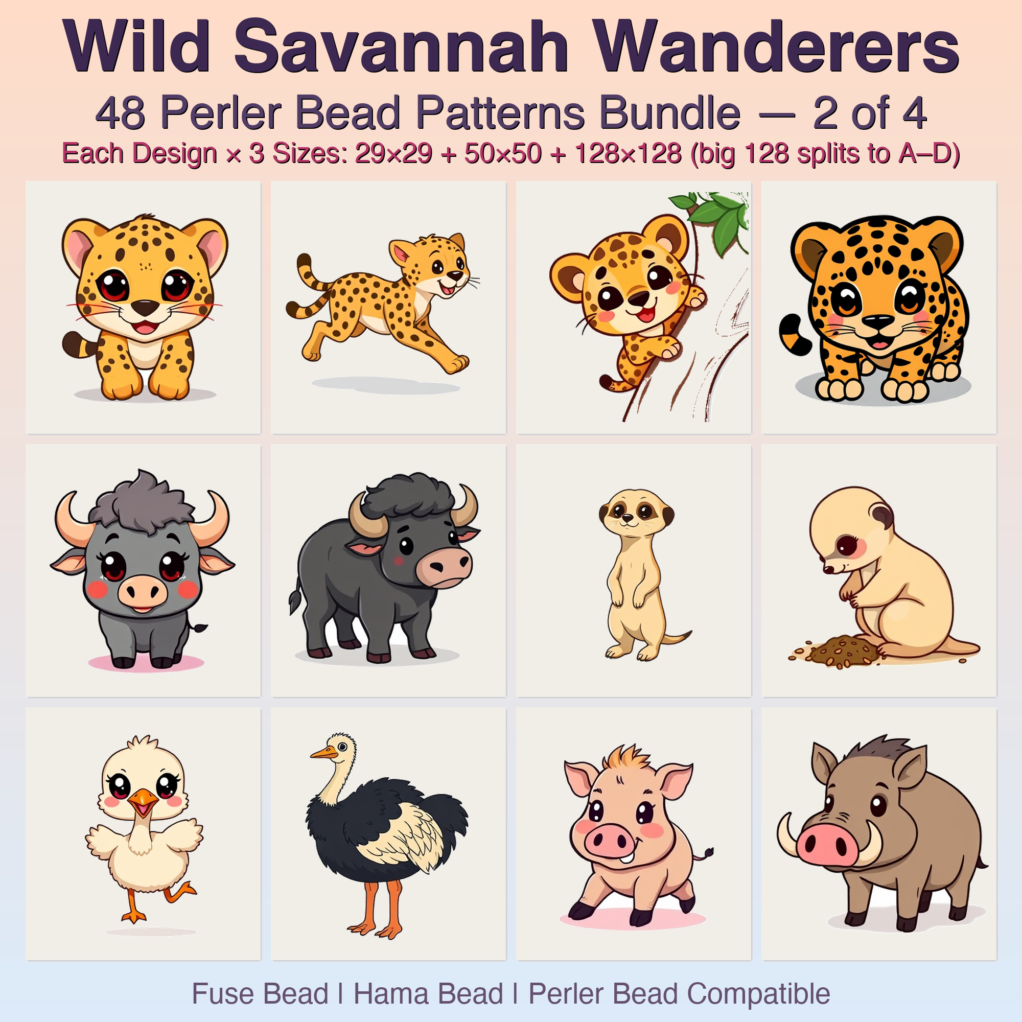 Wild Savannah Wanderers Perler Bead Patterns, 48 Designs x 3 Grid Sizes (29x29 + 50x50 + 128x128), Fuse Bead PDF Digital Download