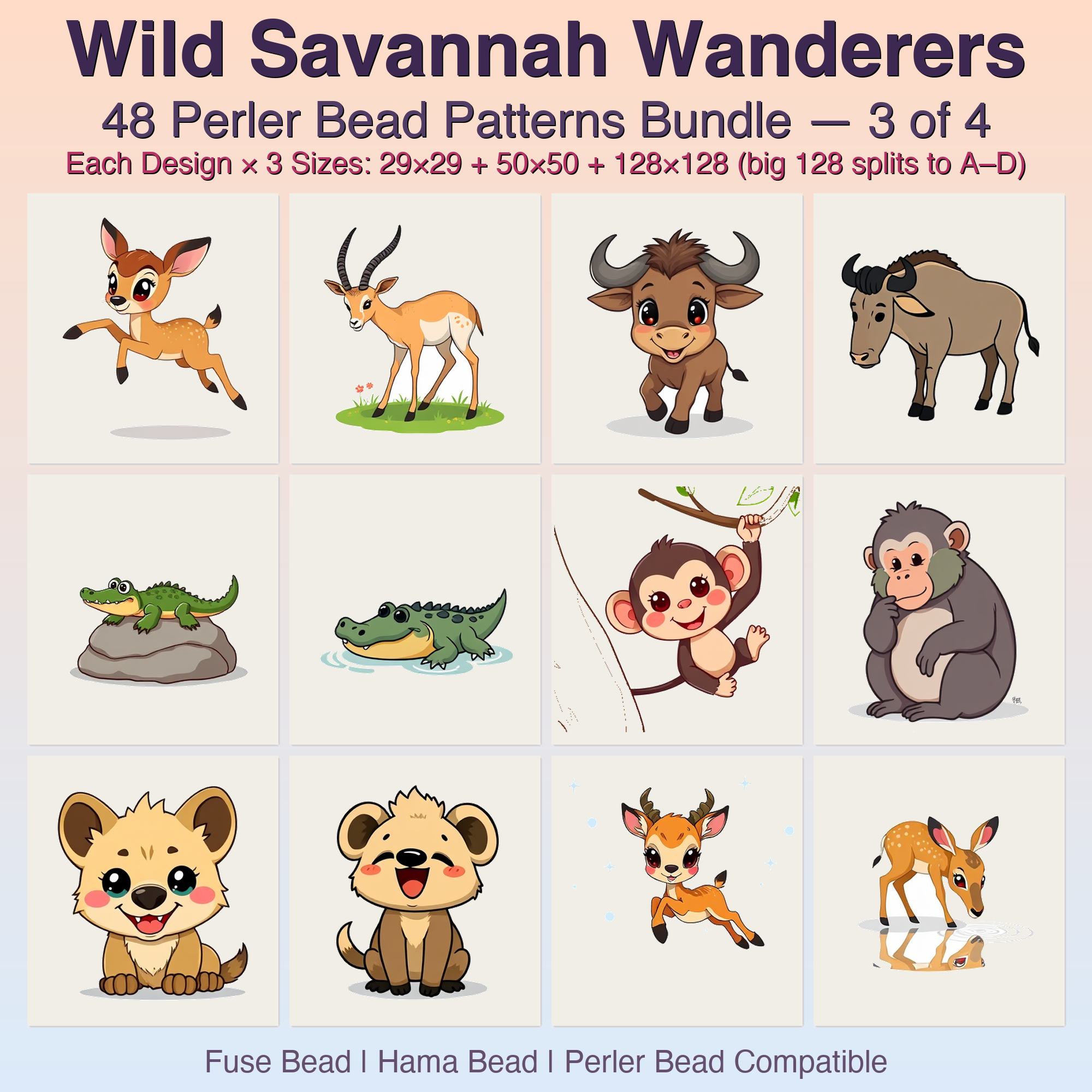Wild Savannah Wanderers Perler Bead Patterns, 48 Designs x 3 Grid Sizes (29x29 + 50x50 + 128x128), Fuse Bead PDF Digital Download