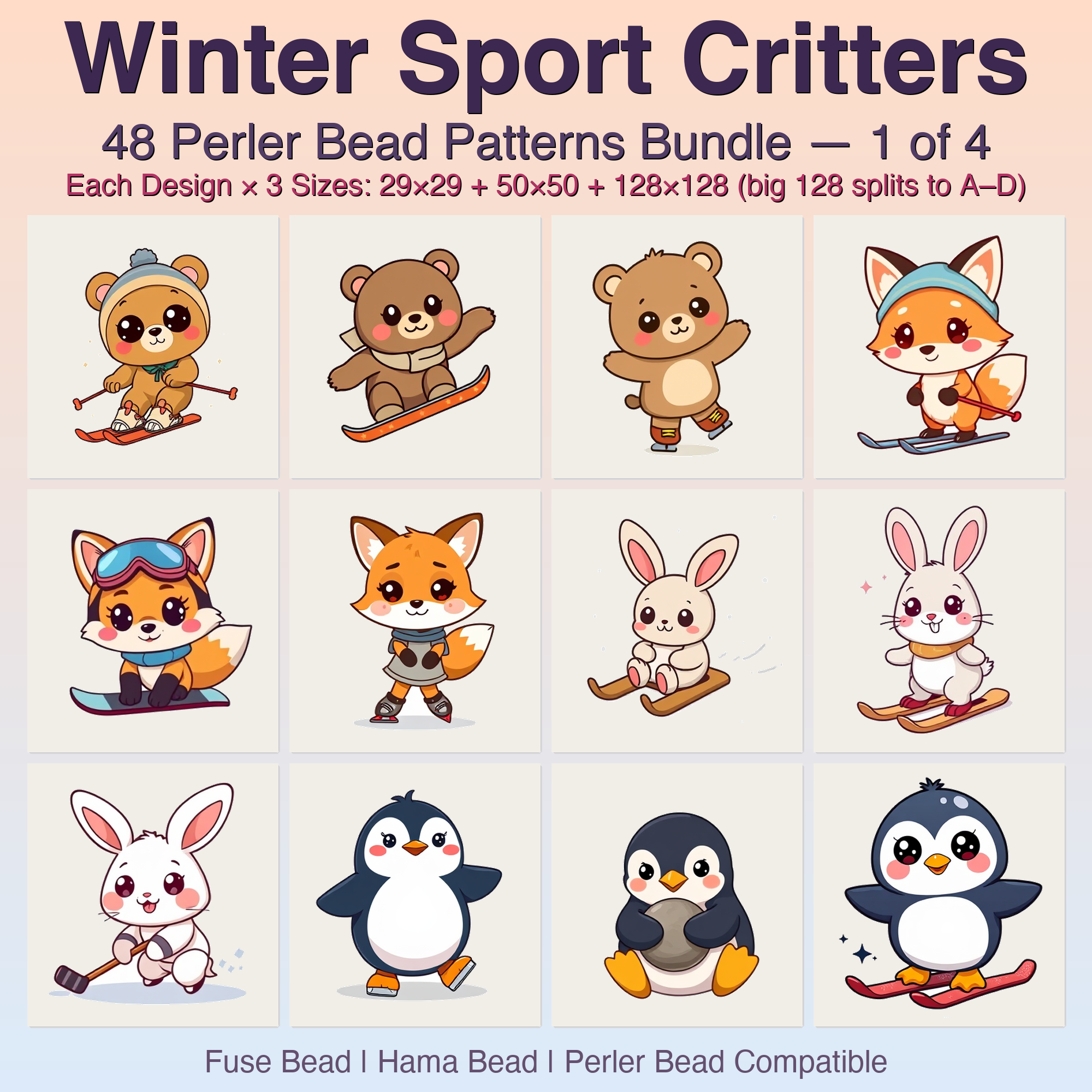Winter Sport Critters Perler Bead Patterns, 48 Designs x 3 Grid Sizes (29x29 + 50x50 + 128x128), Fuse Bead PDF Digital Download