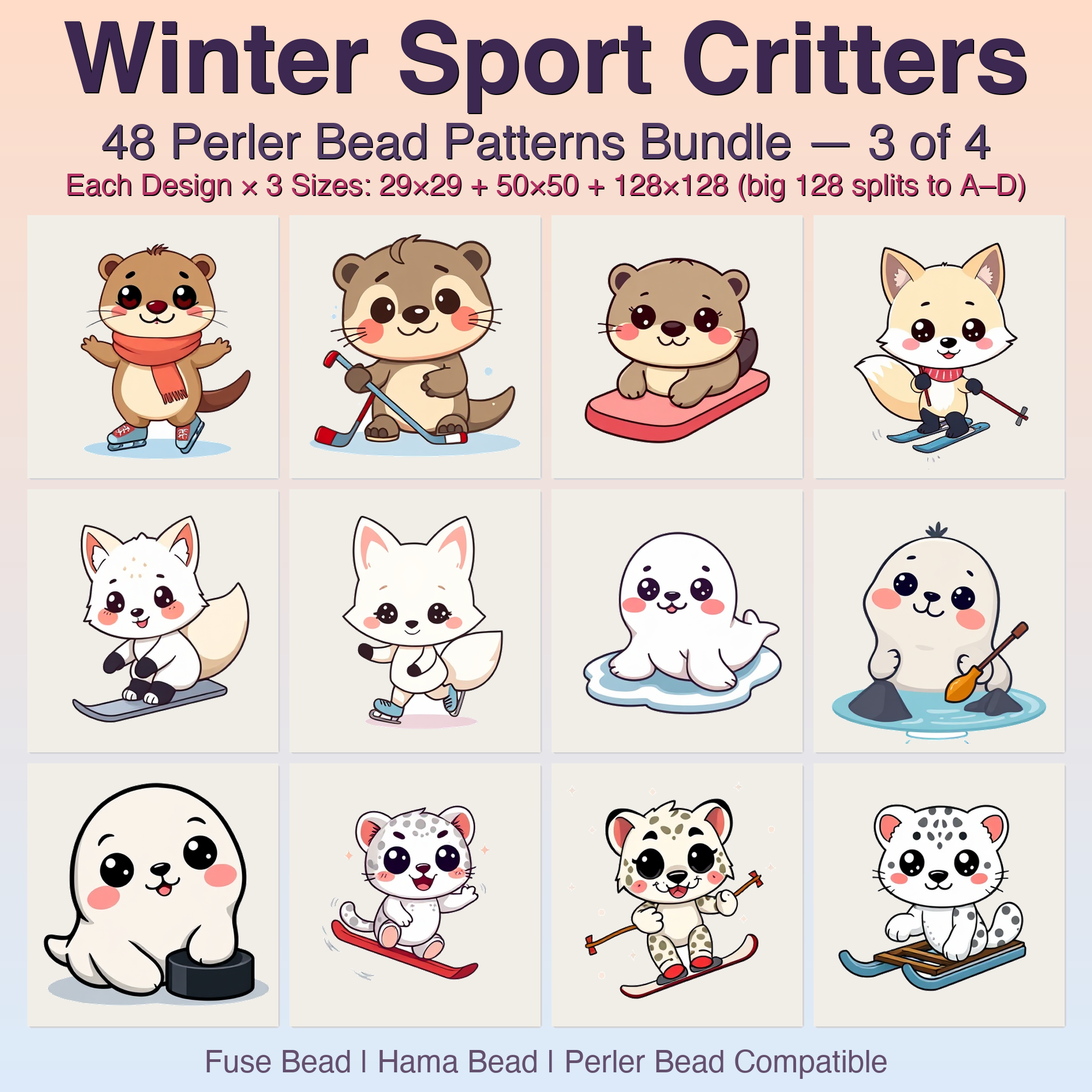 Winter Sport Critters Perler Bead Patterns, 48 Designs x 3 Grid Sizes (29x29 + 50x50 + 128x128), Fuse Bead PDF Digital Download