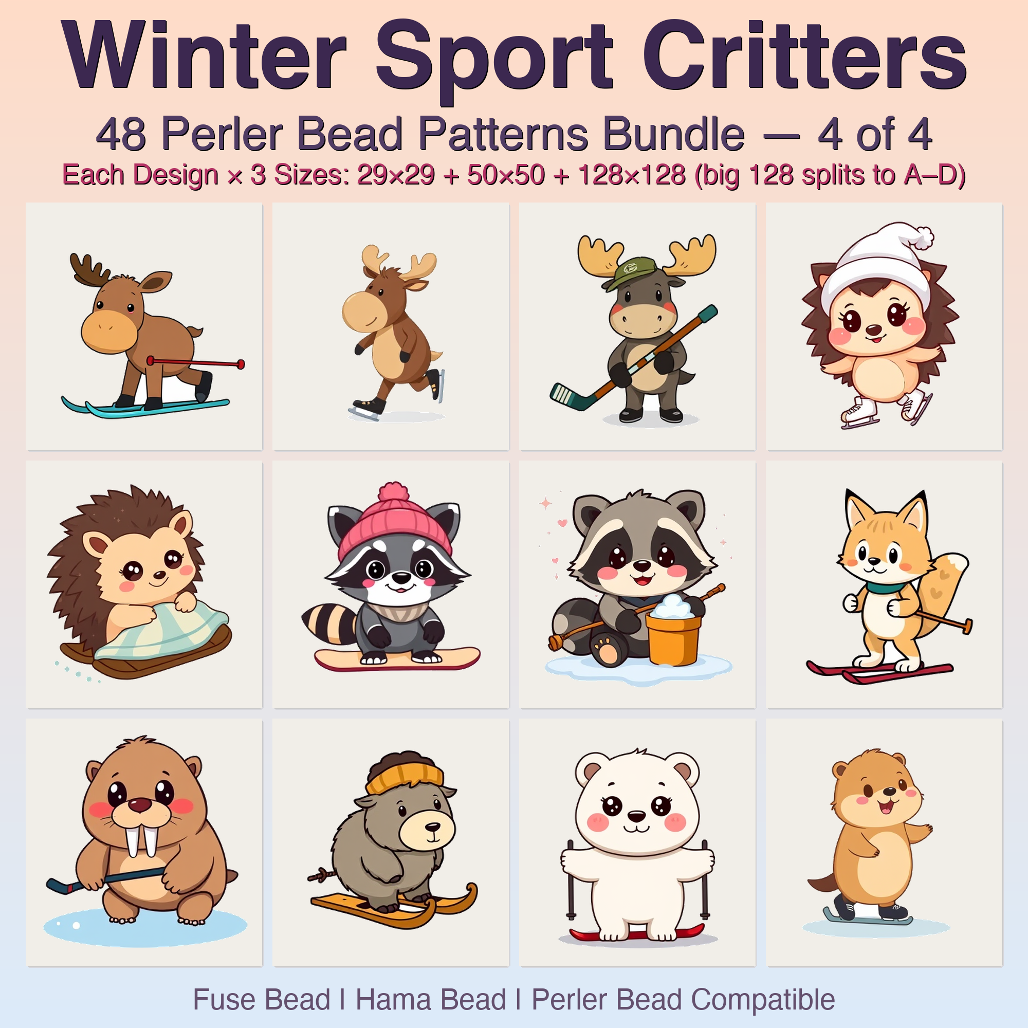 Winter Sport Critters Perler Bead Patterns, 48 Designs x 3 Grid Sizes (29x29 + 50x50 + 128x128), Fuse Bead PDF Digital Download