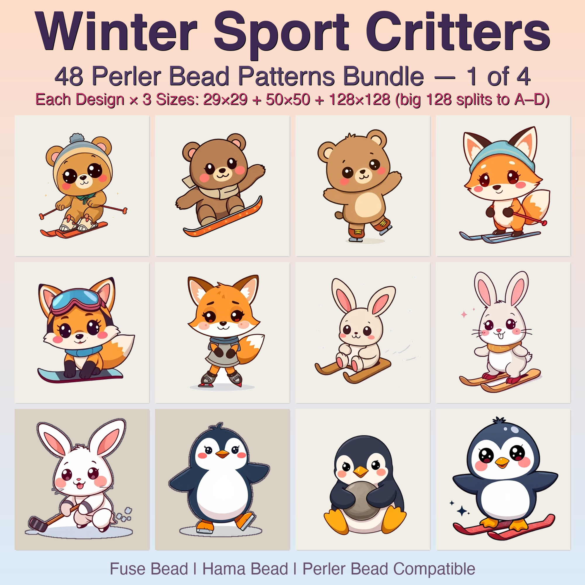 Winter Sport Critters Perler Bead Patterns, 48 Designs x 3 Grid Sizes (29x29 + 50x50 + 128x128), Fuse Bead PDF Digital Download