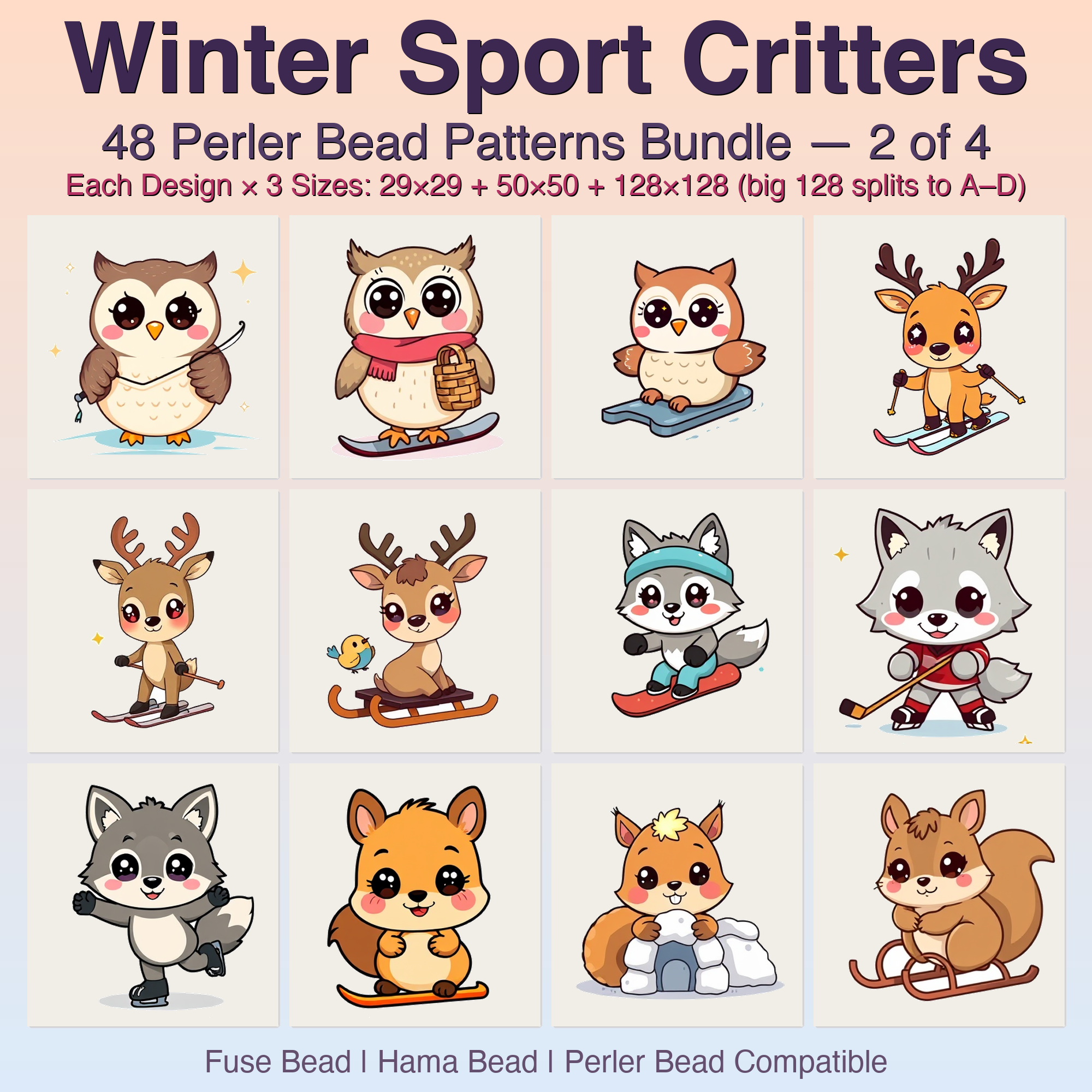 Winter Sport Critters Perler Bead Patterns, 48 Designs x 3 Grid Sizes (29x29 + 50x50 + 128x128), Fuse Bead PDF Digital Download
