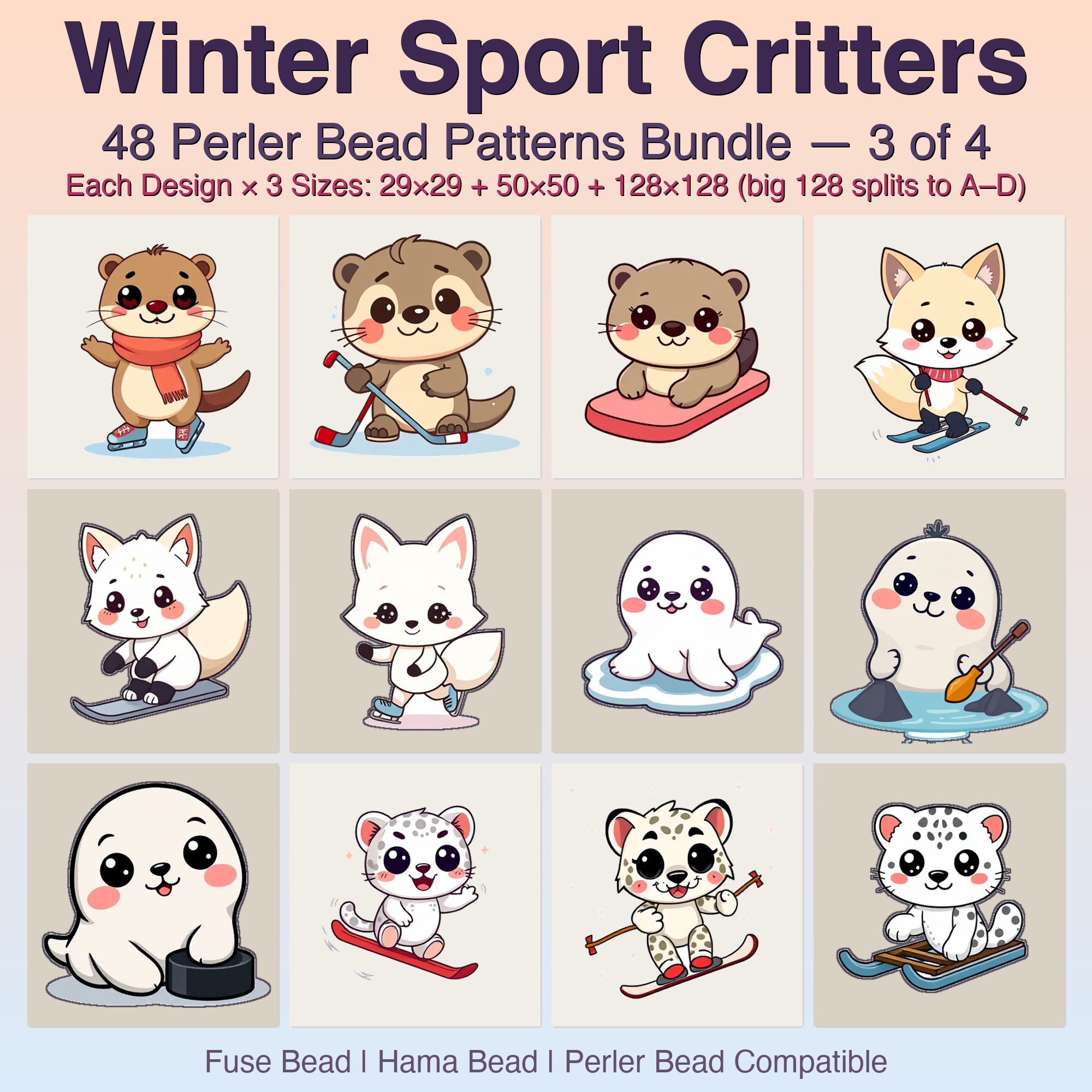 Winter Sport Critters Perler Bead Patterns, 48 Designs x 3 Grid Sizes (29x29 + 50x50 + 128x128), Fuse Bead PDF Digital Download