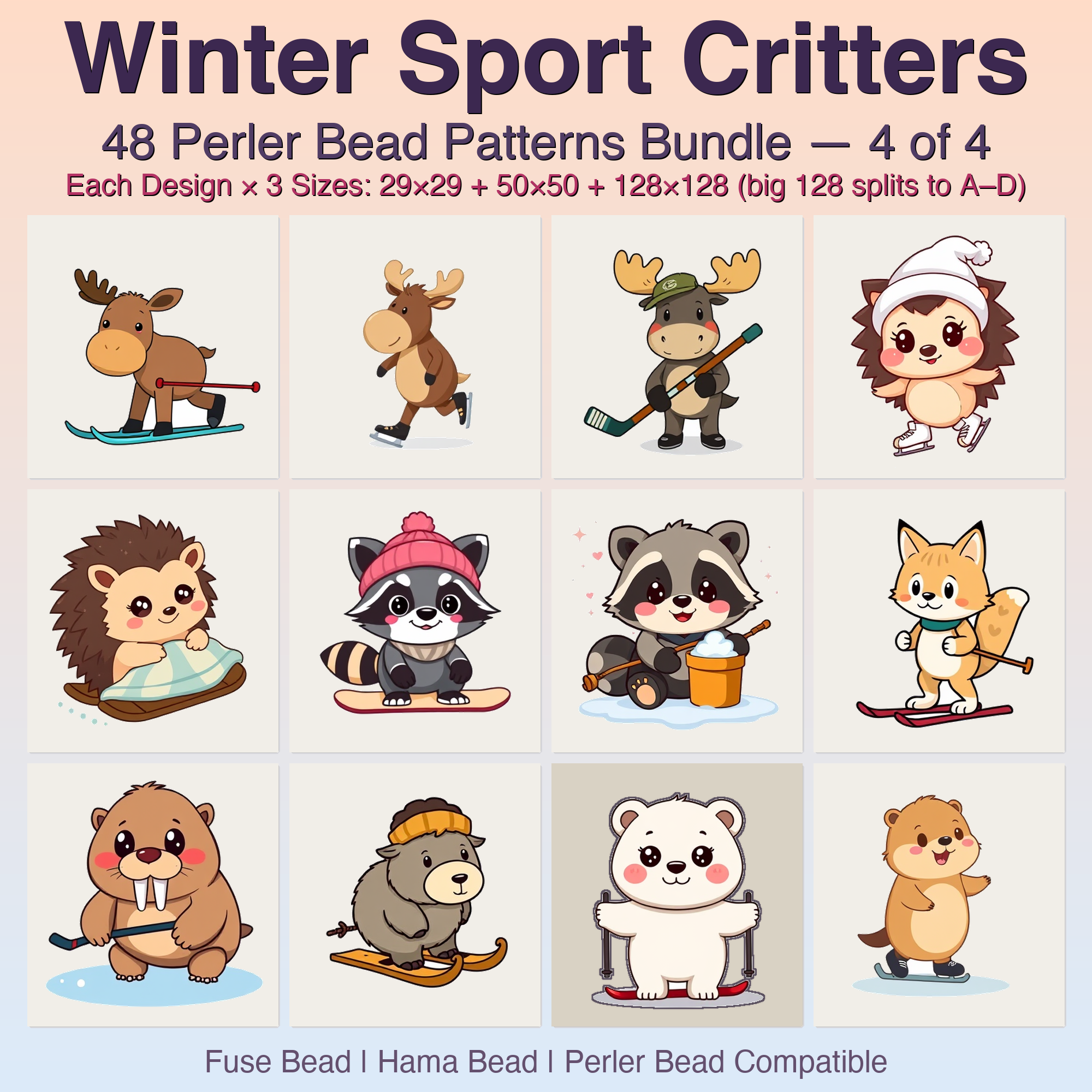 Winter Sport Critters Perler Bead Patterns, 48 Designs x 3 Grid Sizes (29x29 + 50x50 + 128x128), Fuse Bead PDF Digital Download