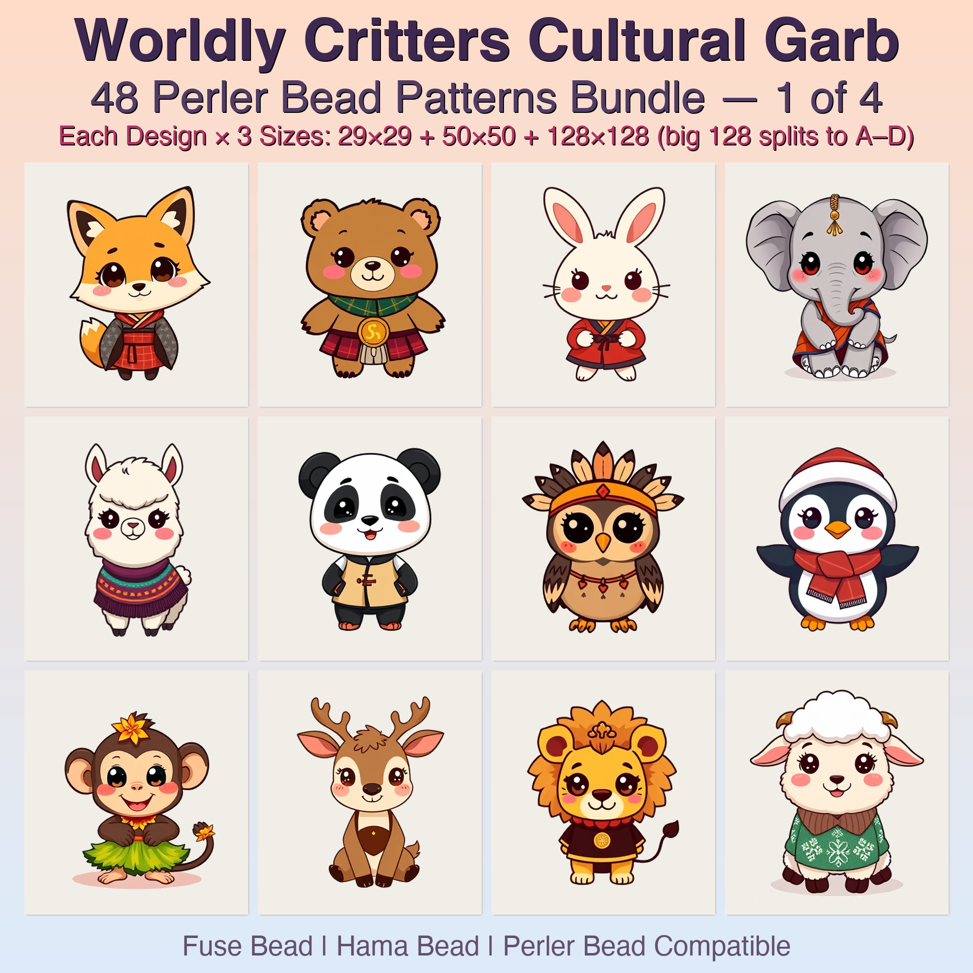 Worldly Critters Cultural Garb Perler Bead Patterns, 48 Designs x 3 Grid Sizes (29x29 + 50x50 + 128x128), Fuse Bead PDF Digital Download