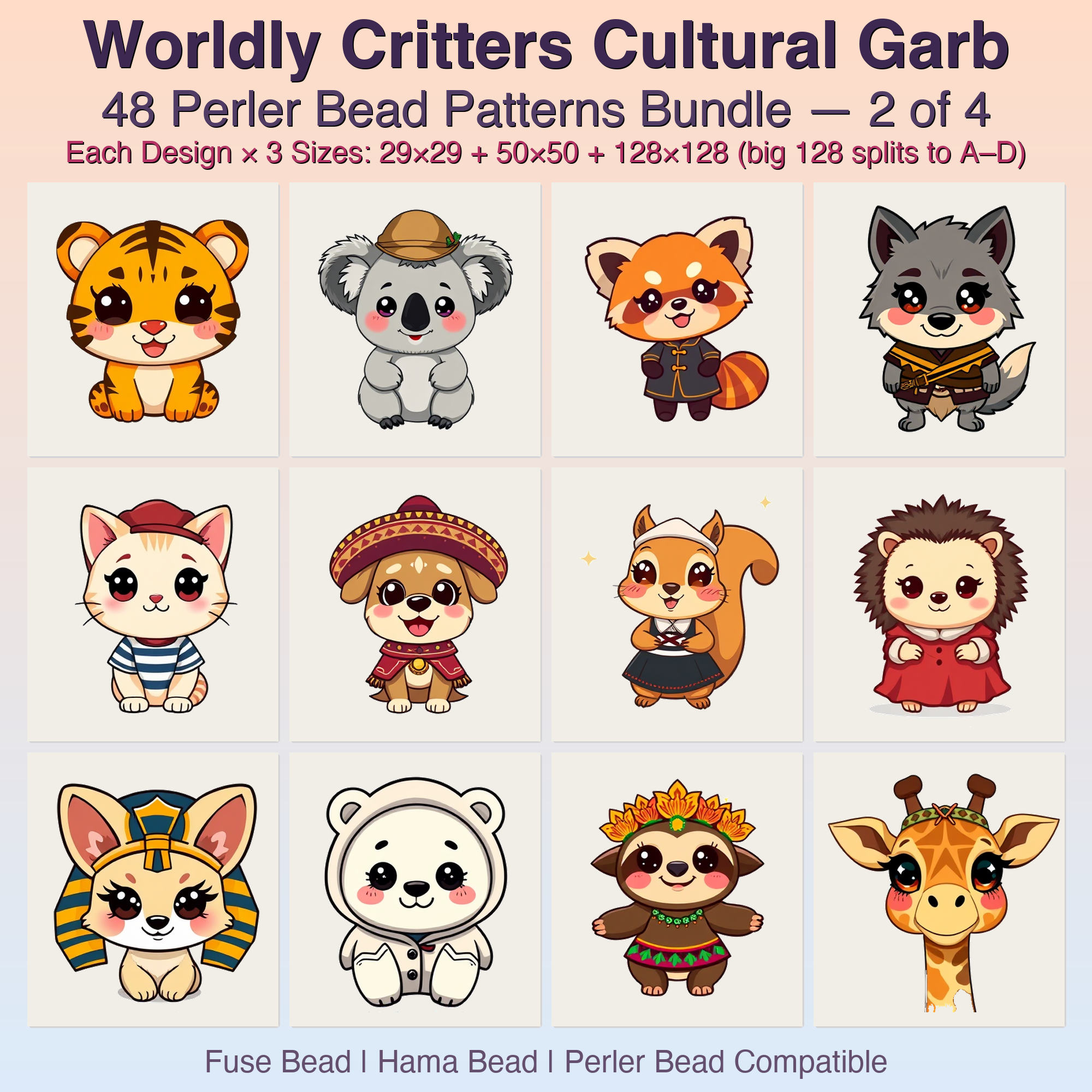 Worldly Critters Cultural Garb Perler Bead Patterns, 48 Designs x 3 Grid Sizes (29x29 + 50x50 + 128x128), Fuse Bead PDF Digital Download