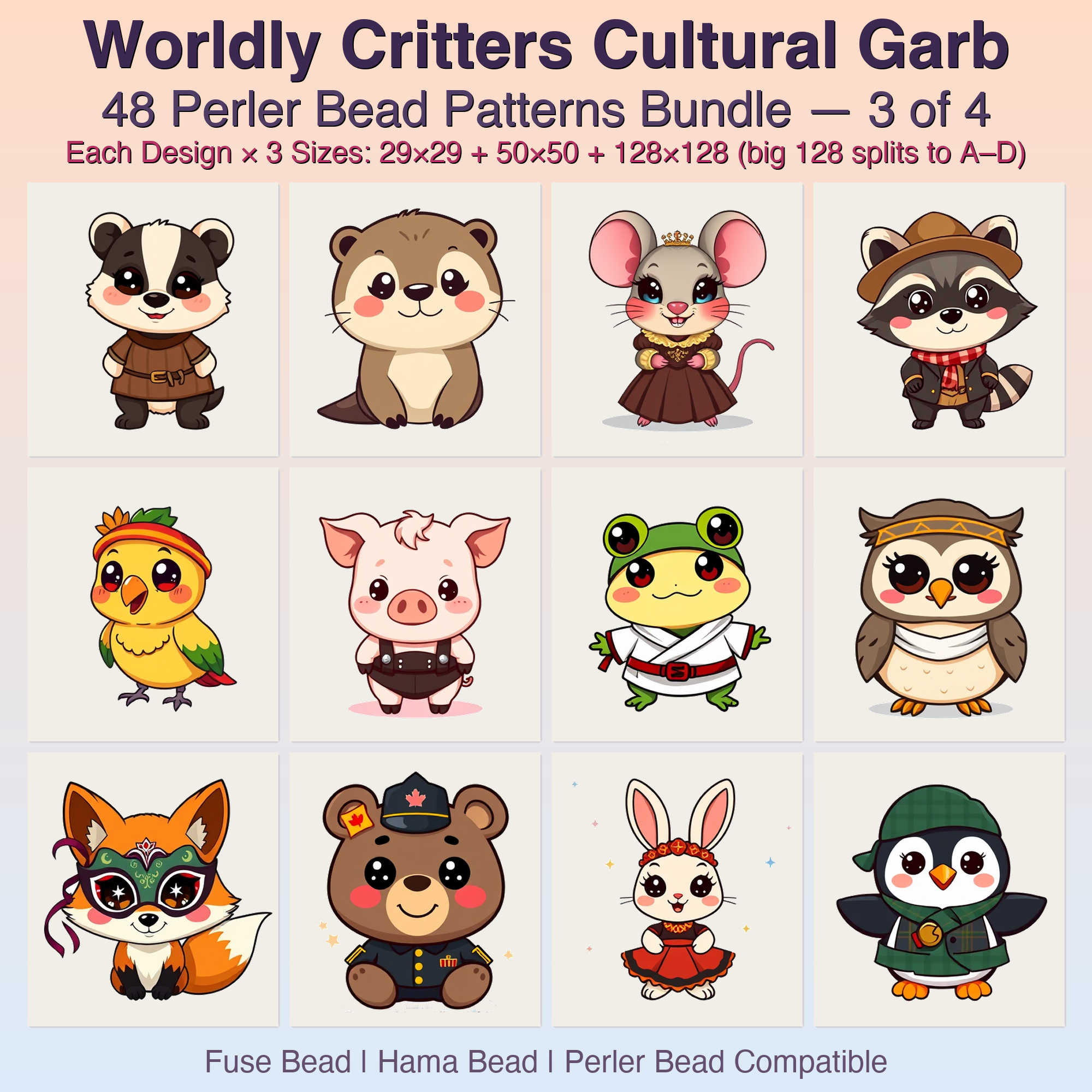 Worldly Critters Cultural Garb Perler Bead Patterns, 48 Designs x 3 Grid Sizes (29x29 + 50x50 + 128x128), Fuse Bead PDF Digital Download
