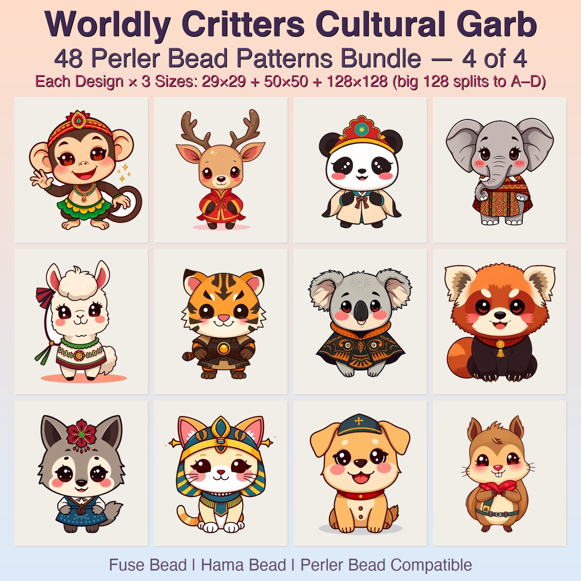 Worldly Critters Cultural Garb Perler Bead Patterns, 48 Designs x 3 Grid Sizes (29x29 + 50x50 + 128x128), Fuse Bead PDF Digital Download