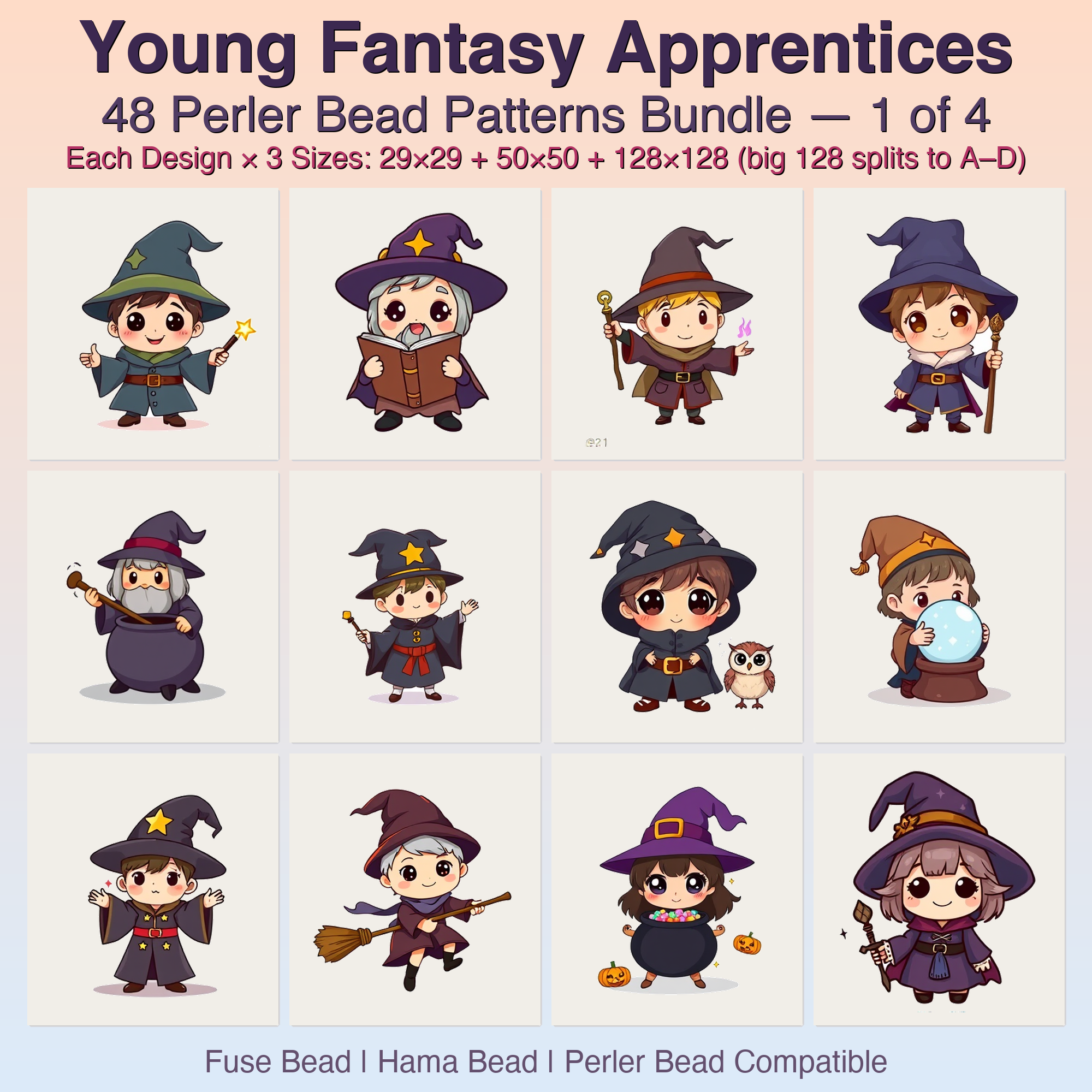 Young Fantasy Apprentices Perler Bead Patterns, 48 Designs x 3 Grid Sizes (29x29 + 50x50 + 128x128), Fuse Bead PDF Digital Download