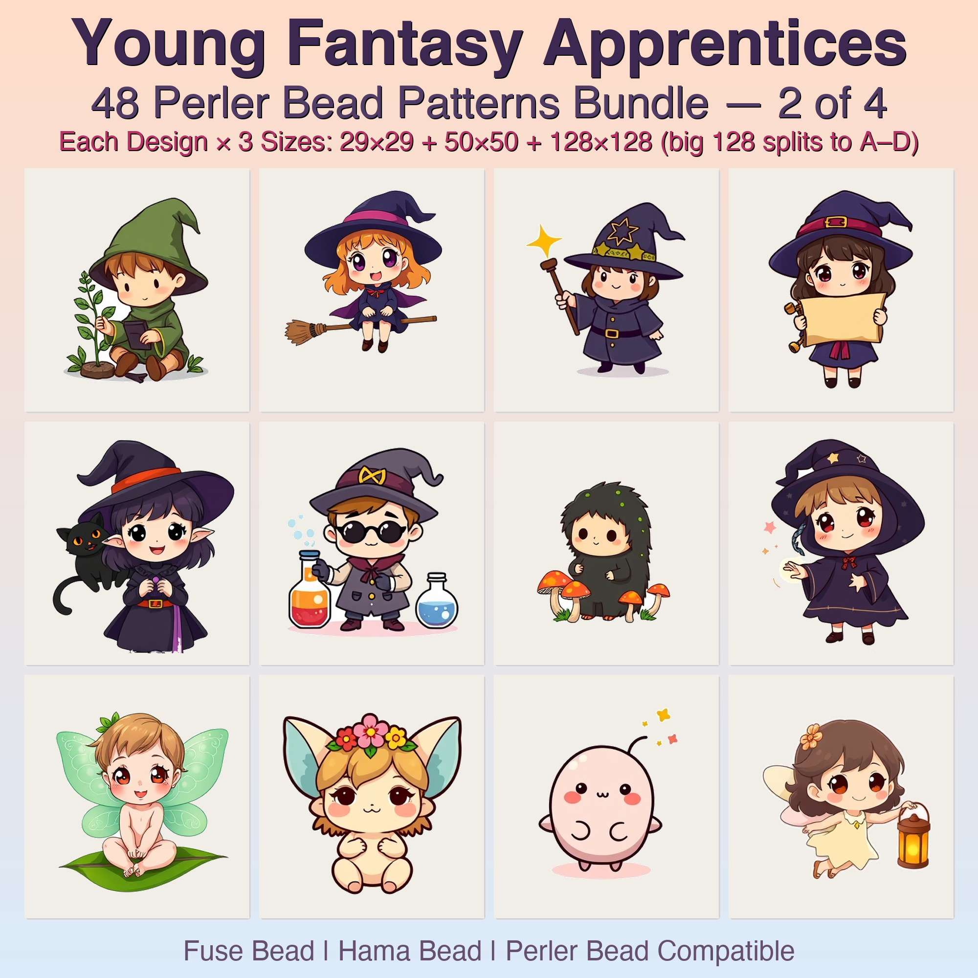 Young Fantasy Apprentices Perler Bead Patterns, 48 Designs x 3 Grid Sizes (29x29 + 50x50 + 128x128), Fuse Bead PDF Digital Download