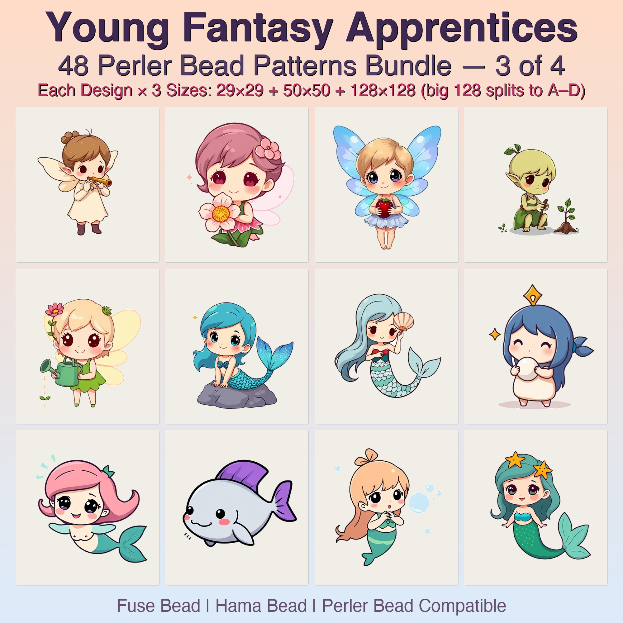 Young Fantasy Apprentices Perler Bead Patterns, 48 Designs x 3 Grid Sizes (29x29 + 50x50 + 128x128), Fuse Bead PDF Digital Download