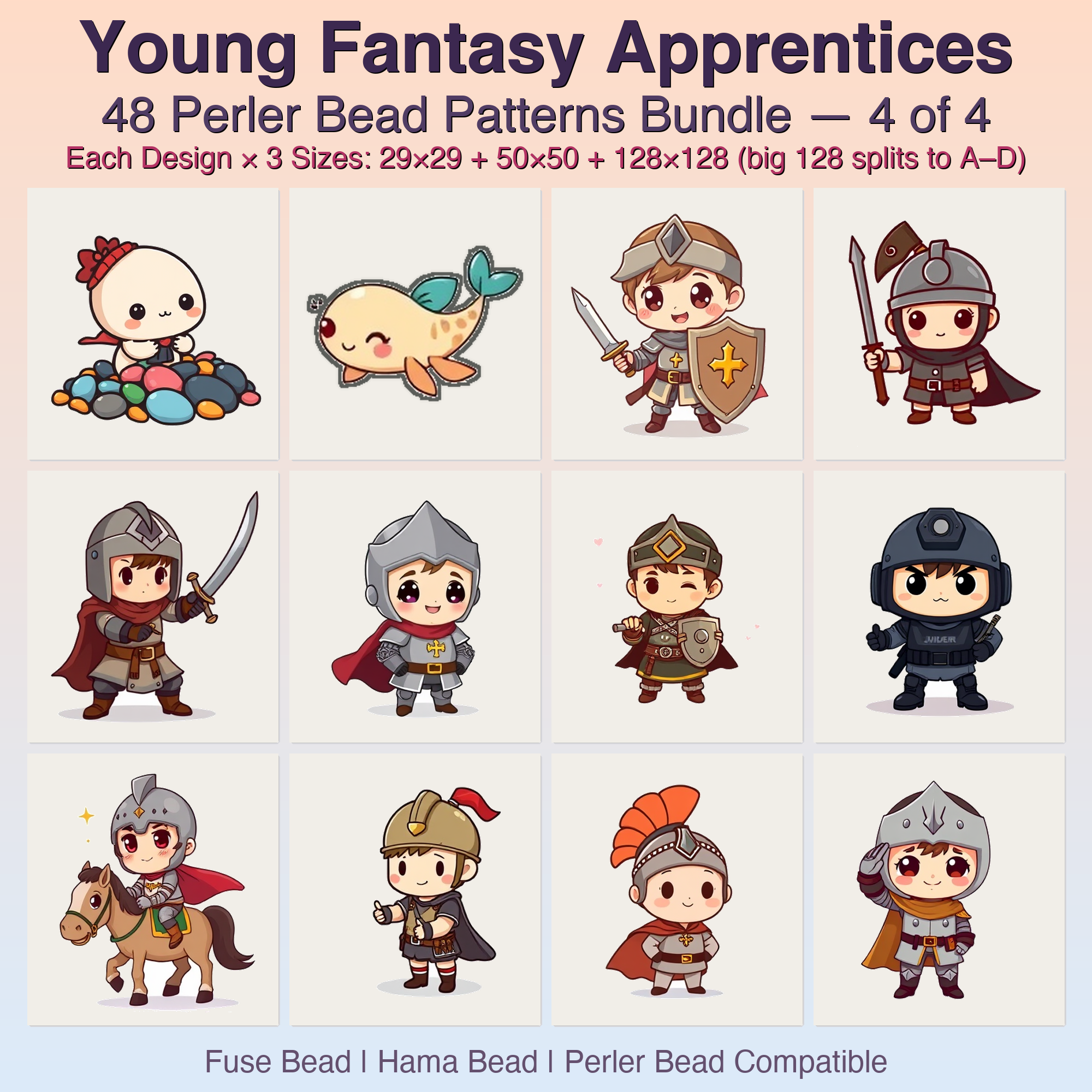 Young Fantasy Apprentices Perler Bead Patterns, 48 Designs x 3 Grid Sizes (29x29 + 50x50 + 128x128), Fuse Bead PDF Digital Download