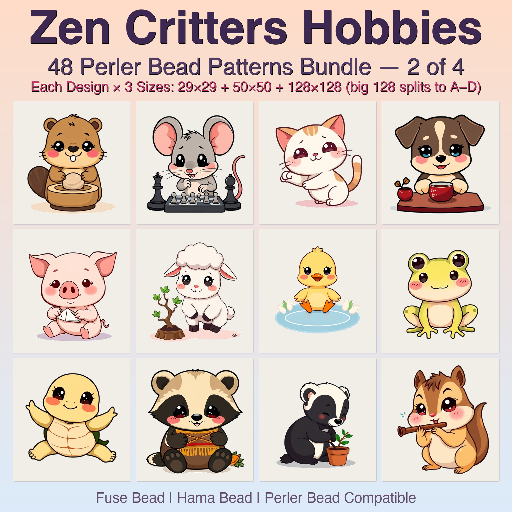 Zen Critters Hobbies Perler Bead Patterns, 48 Designs x 3 Grid Sizes (29x29 + 50x50 + 128x128), Fuse Bead PDF Digital Download