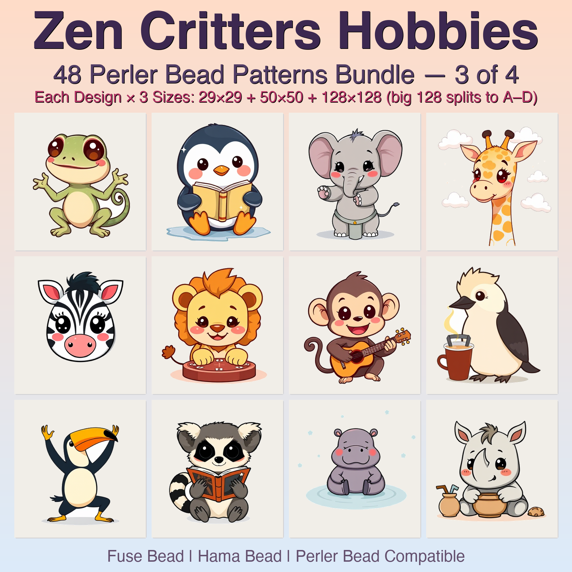 Zen Critters Hobbies Perler Bead Patterns, 48 Designs x 3 Grid Sizes (29x29 + 50x50 + 128x128), Fuse Bead PDF Digital Download