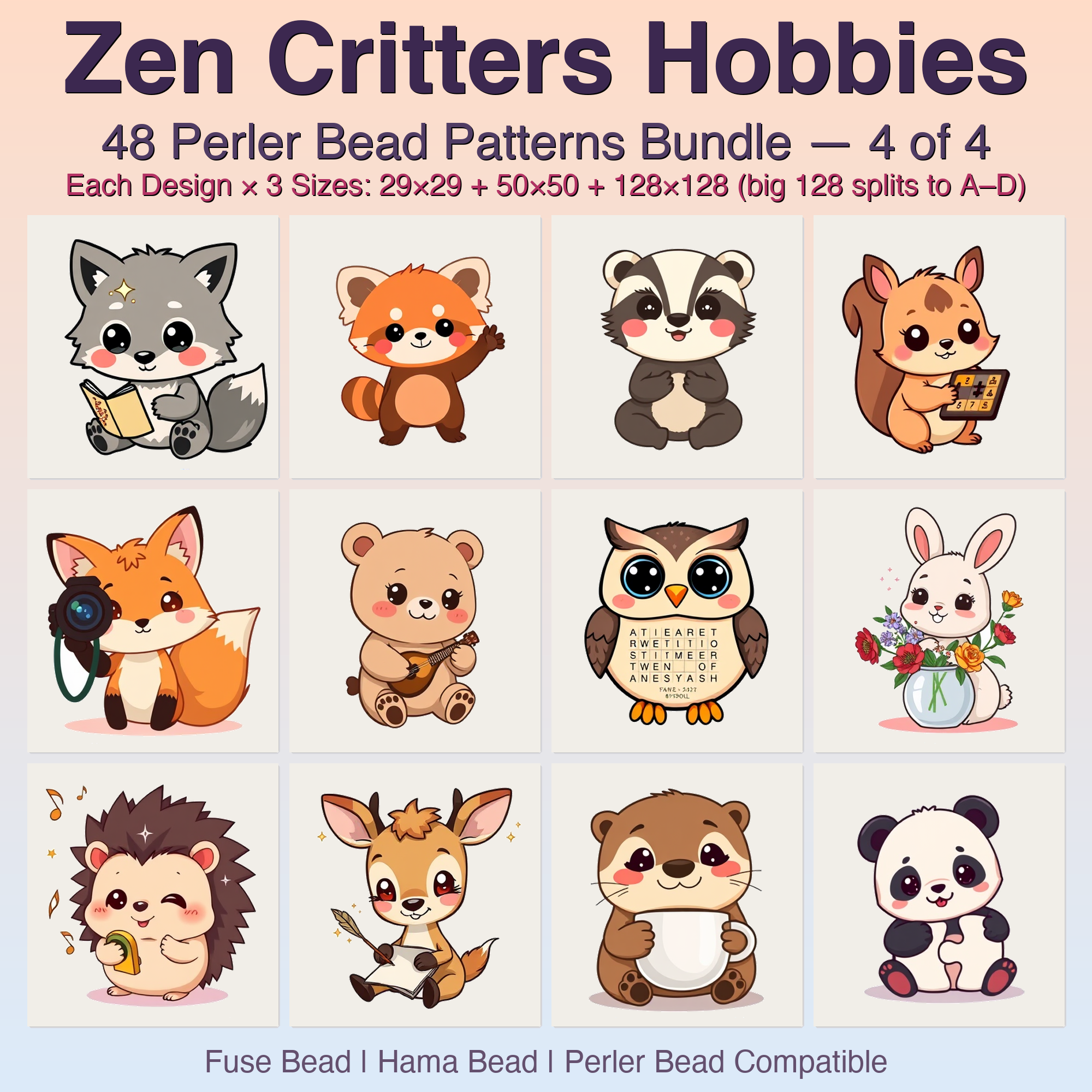 Zen Critters Hobbies Perler Bead Patterns, 48 Designs x 3 Grid Sizes (29x29 + 50x50 + 128x128), Fuse Bead PDF Digital Download