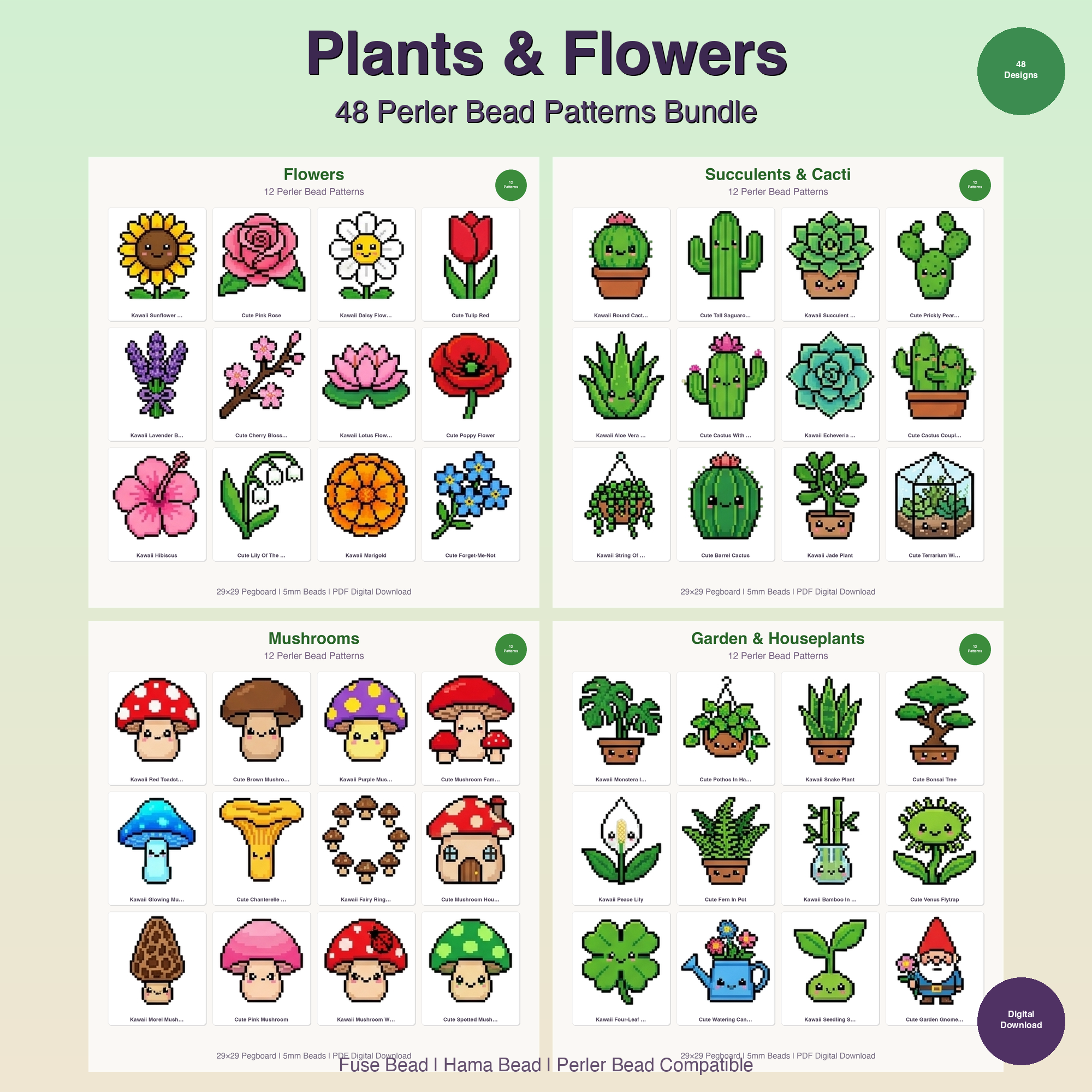 Plant Perler Bead Patterns Bundle, 48 Designs (PDF Digital Download)