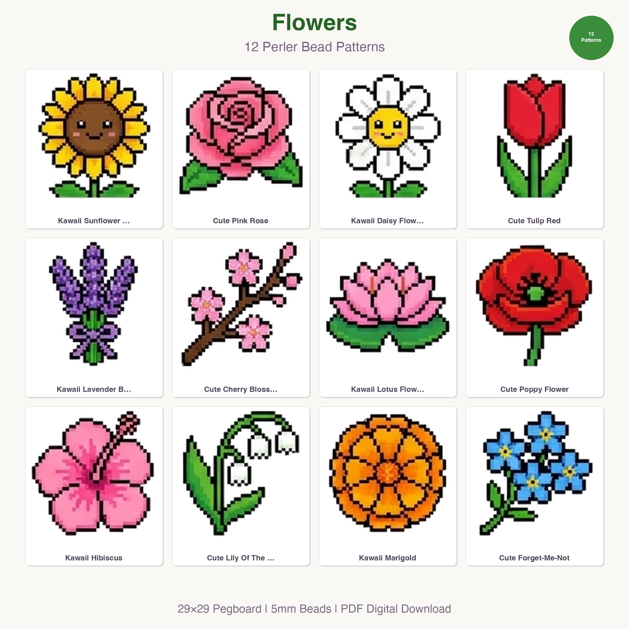 Flowers Perler Bead Patterns Bundle, 12 Designs (PDF Digital Download)