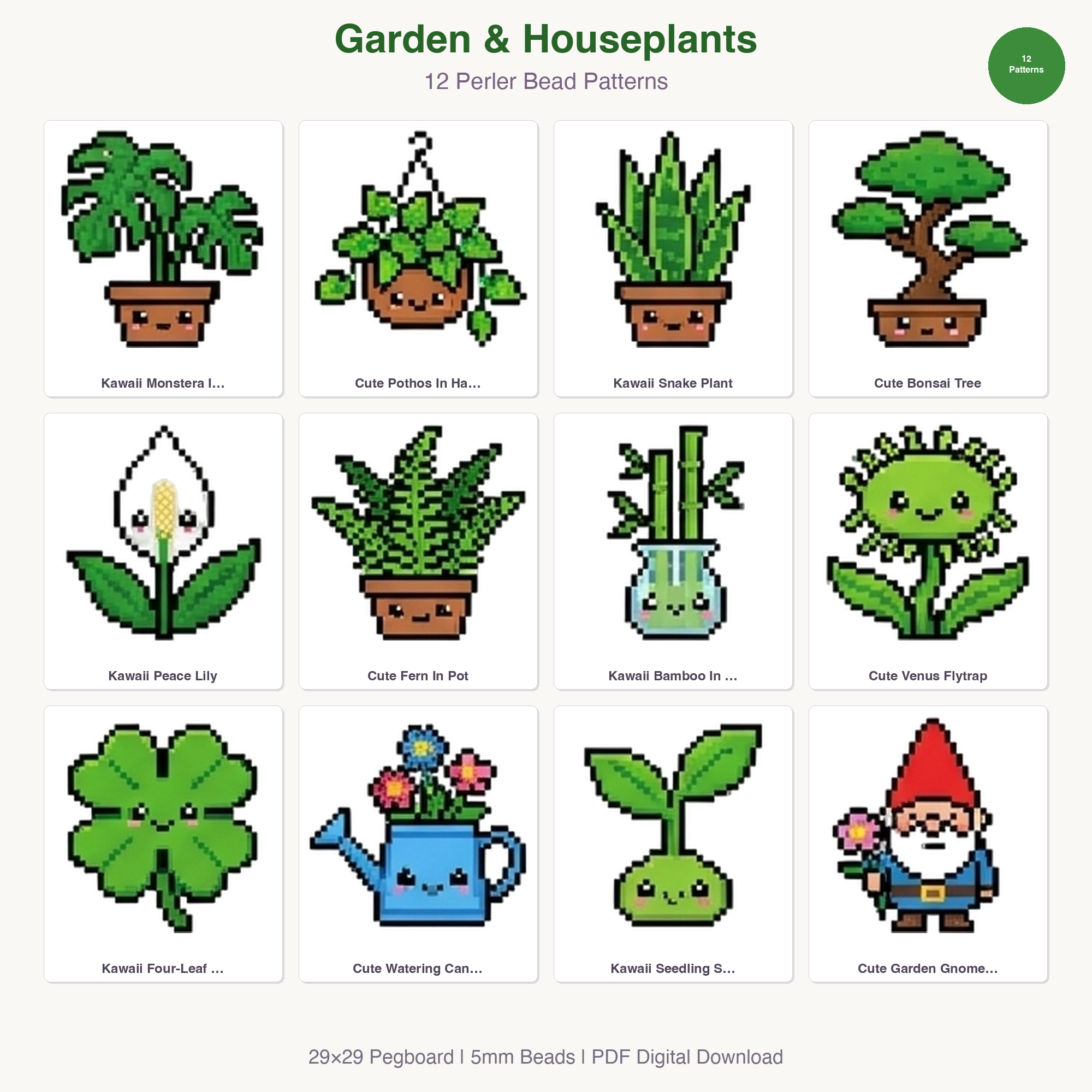 Garden & Houseplants Perler Bead Patterns Bundle, 12 Designs (PDF Digital Download)