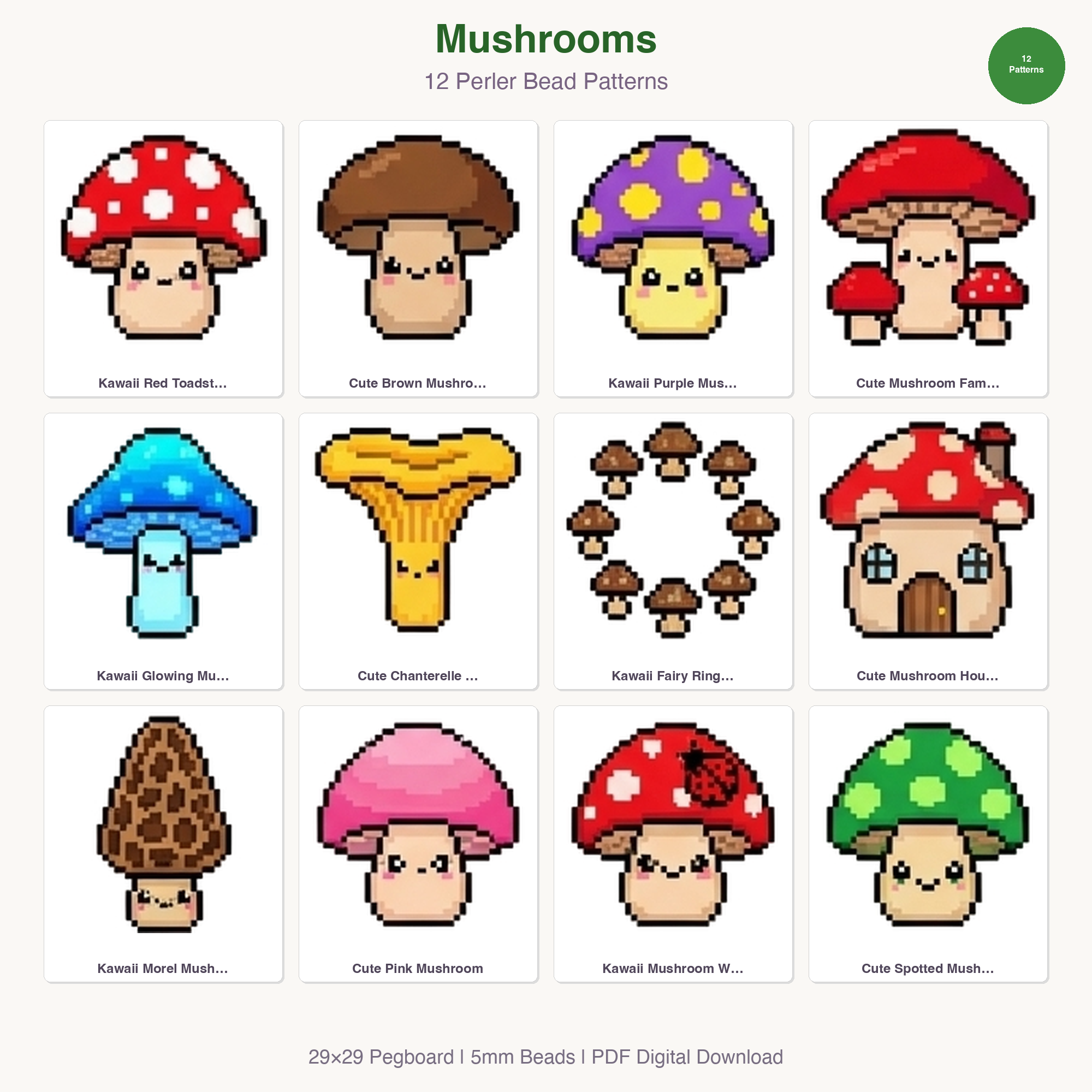 Mushrooms Perler Bead Patterns Bundle, 12 Designs (PDF Digital Download)