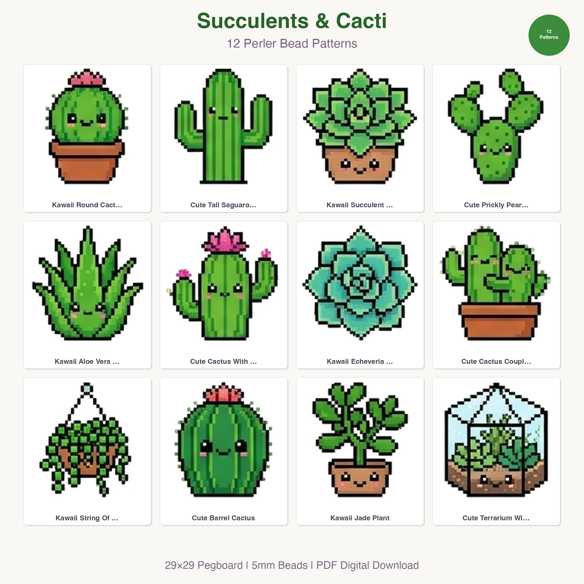 Succulents & Cacti Perler Bead Patterns Bundle, 12 Designs (PDF Digital Download)