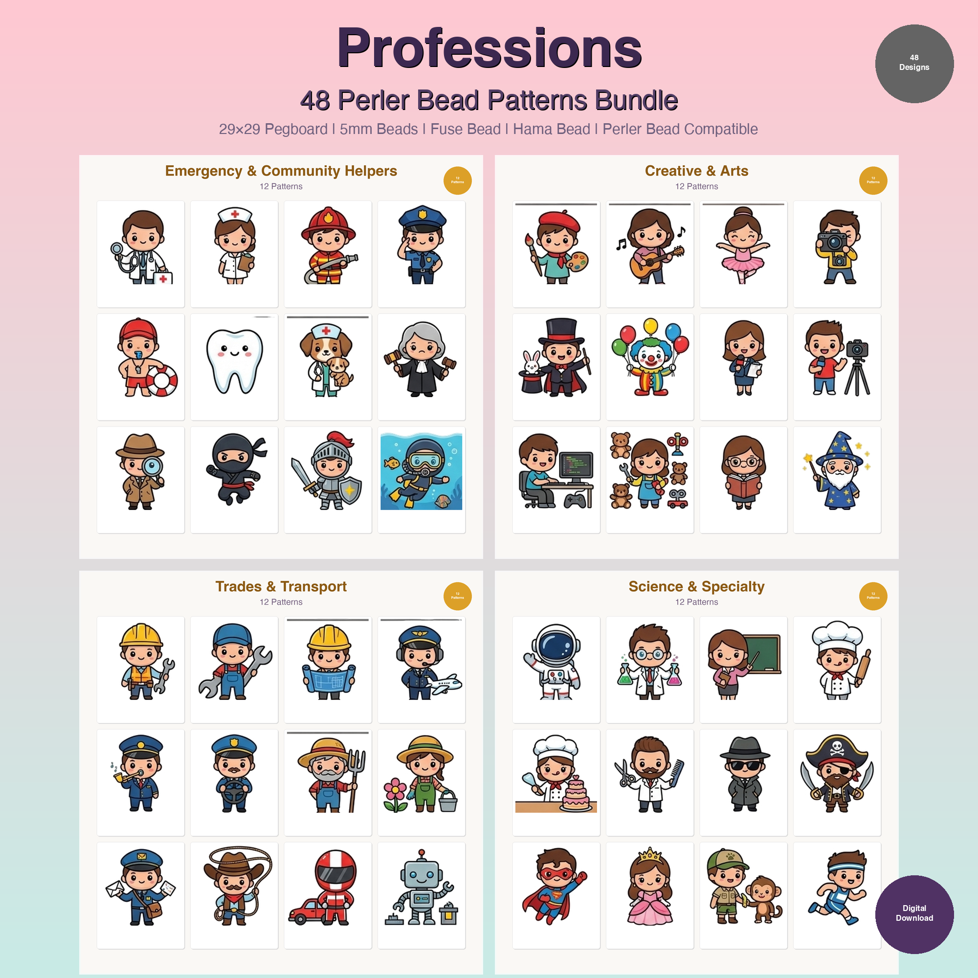 Professions Perler Bead Patterns Bundle, 48 Designs (PDF Digital Download)
