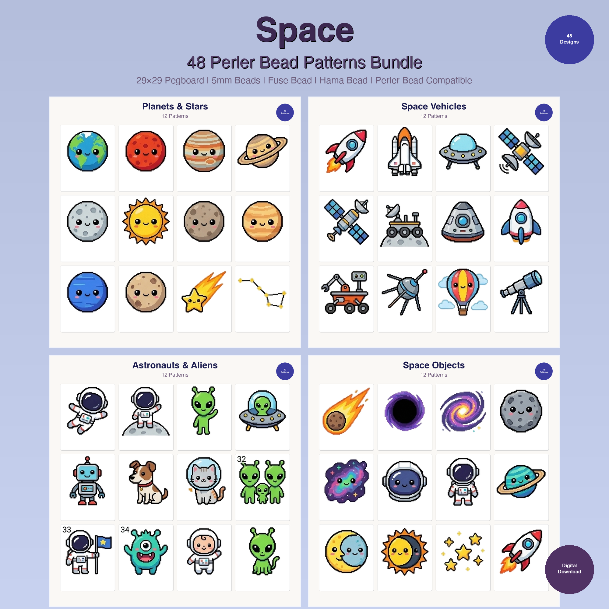 Space Perler Bead Patterns Bundle, 48 Designs (PDF Digital Download)