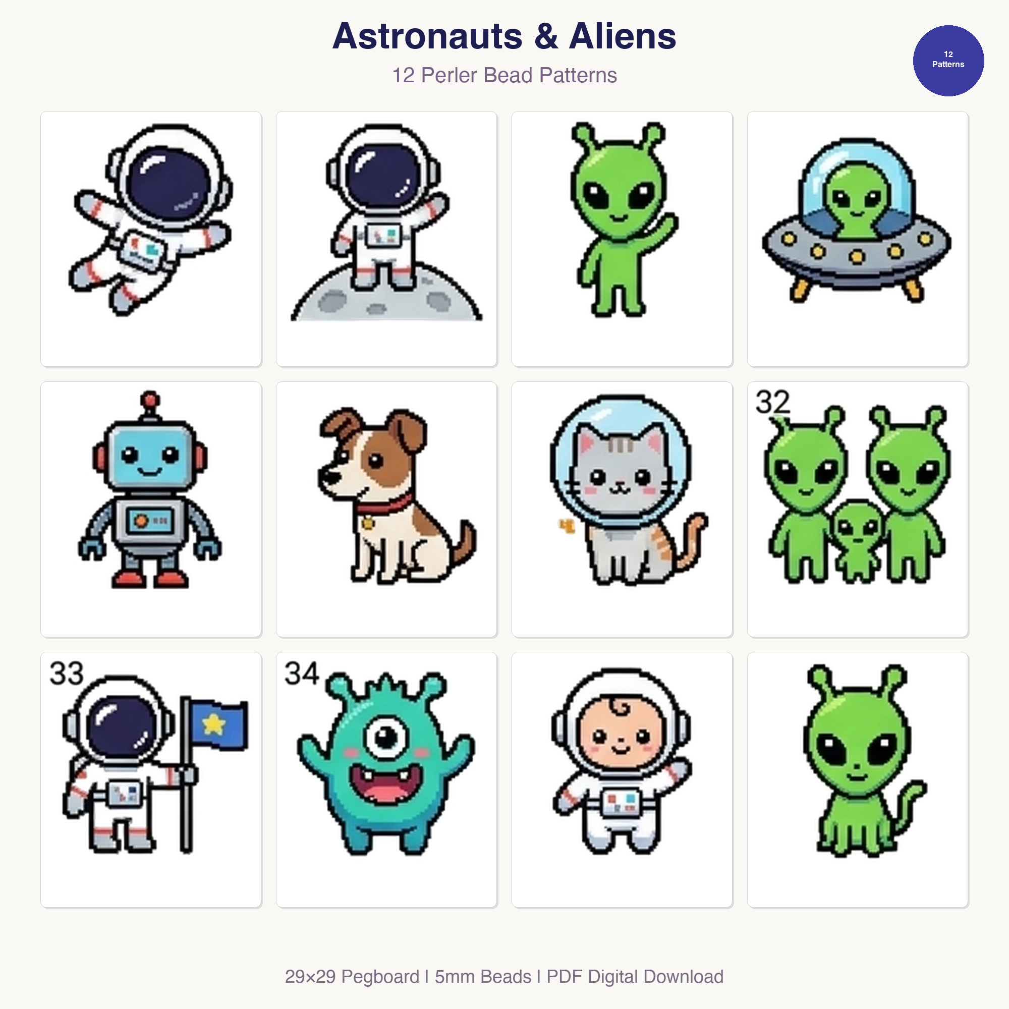 Astronauts & Aliens Perler Bead Patterns Bundle, 10 Designs (PDF Digital Download)