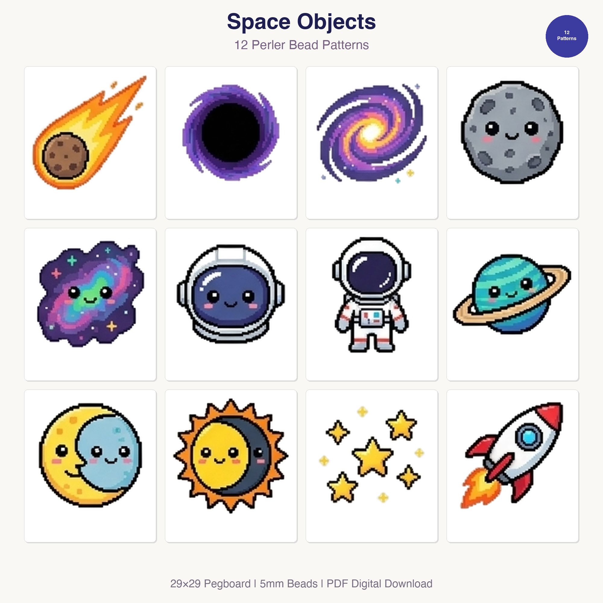Space Objects Perler Bead Patterns Bundle, 10 Designs (PDF Digital Download)