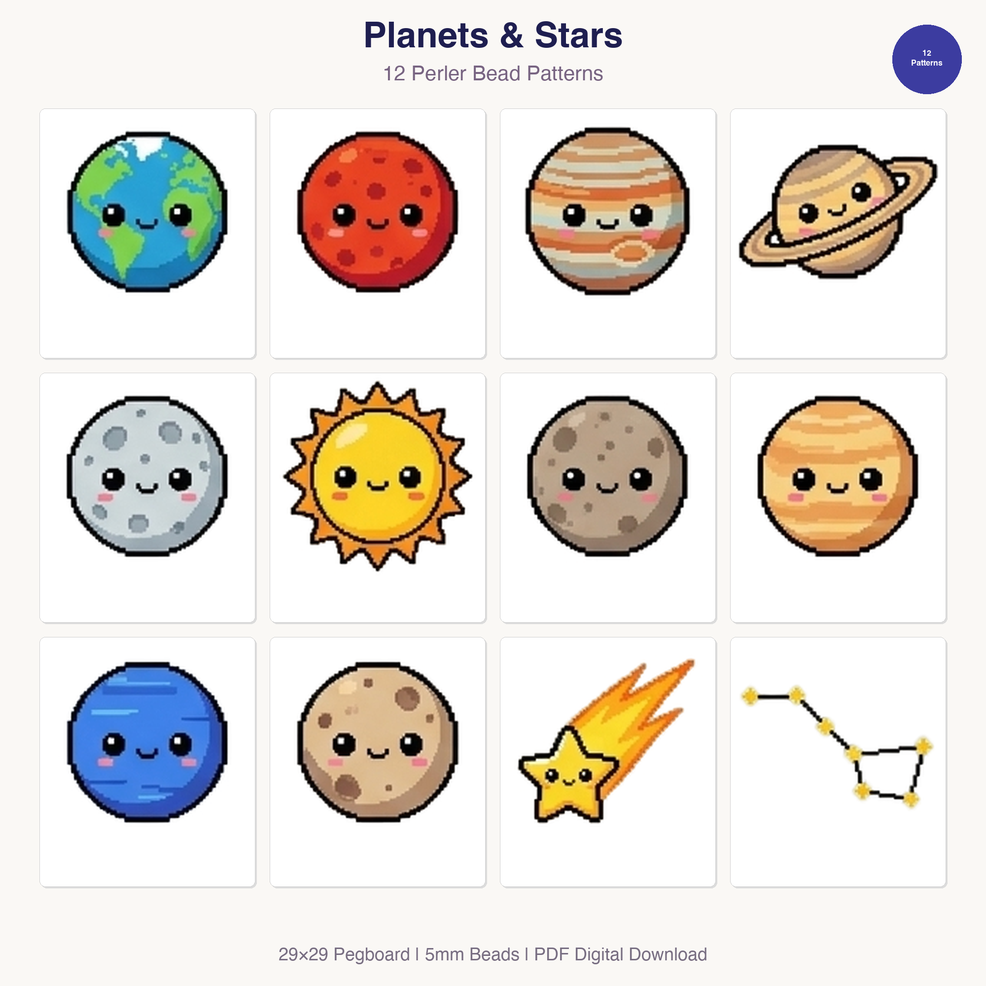 Planets & Stars Perler Bead Patterns Bundle, 17 Designs (PDF Digital Download)