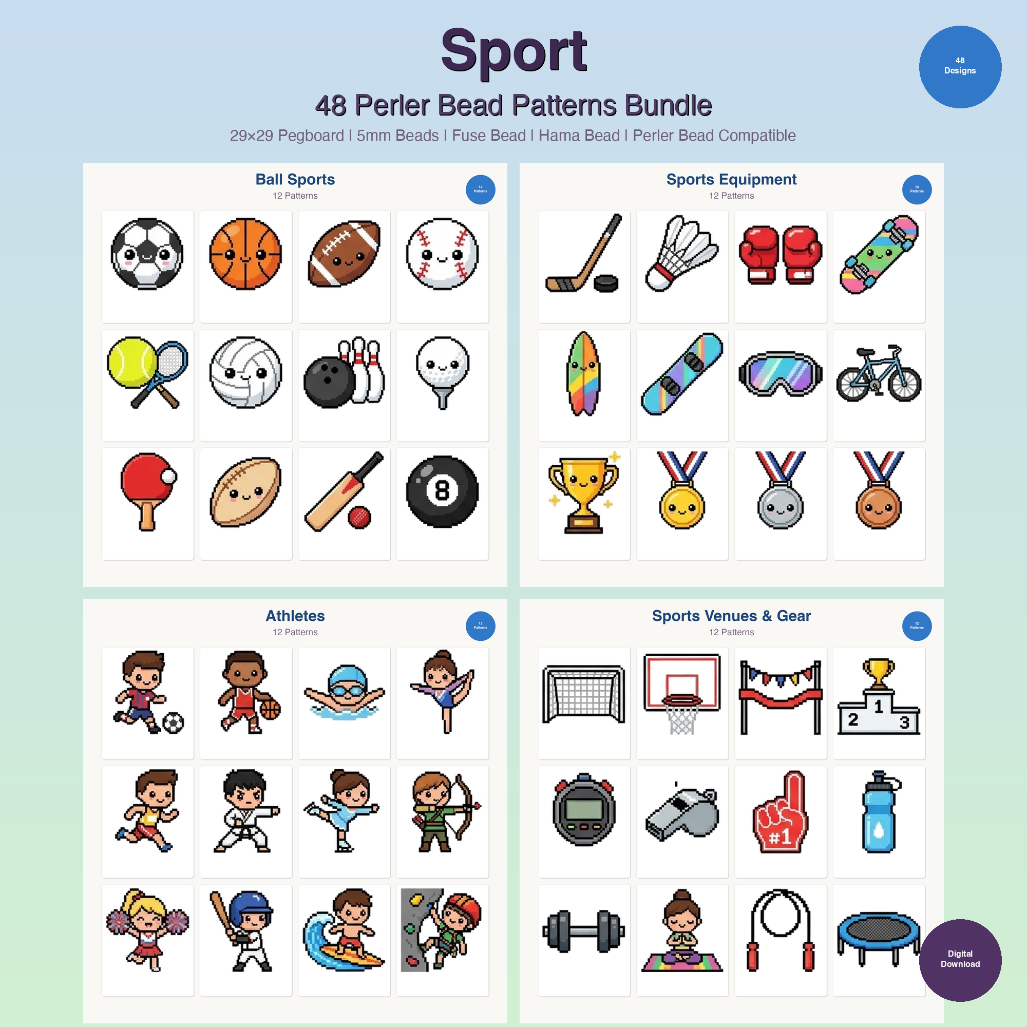 Sport Perler Bead Patterns Bundle, 48 Designs (PDF Digital Download)