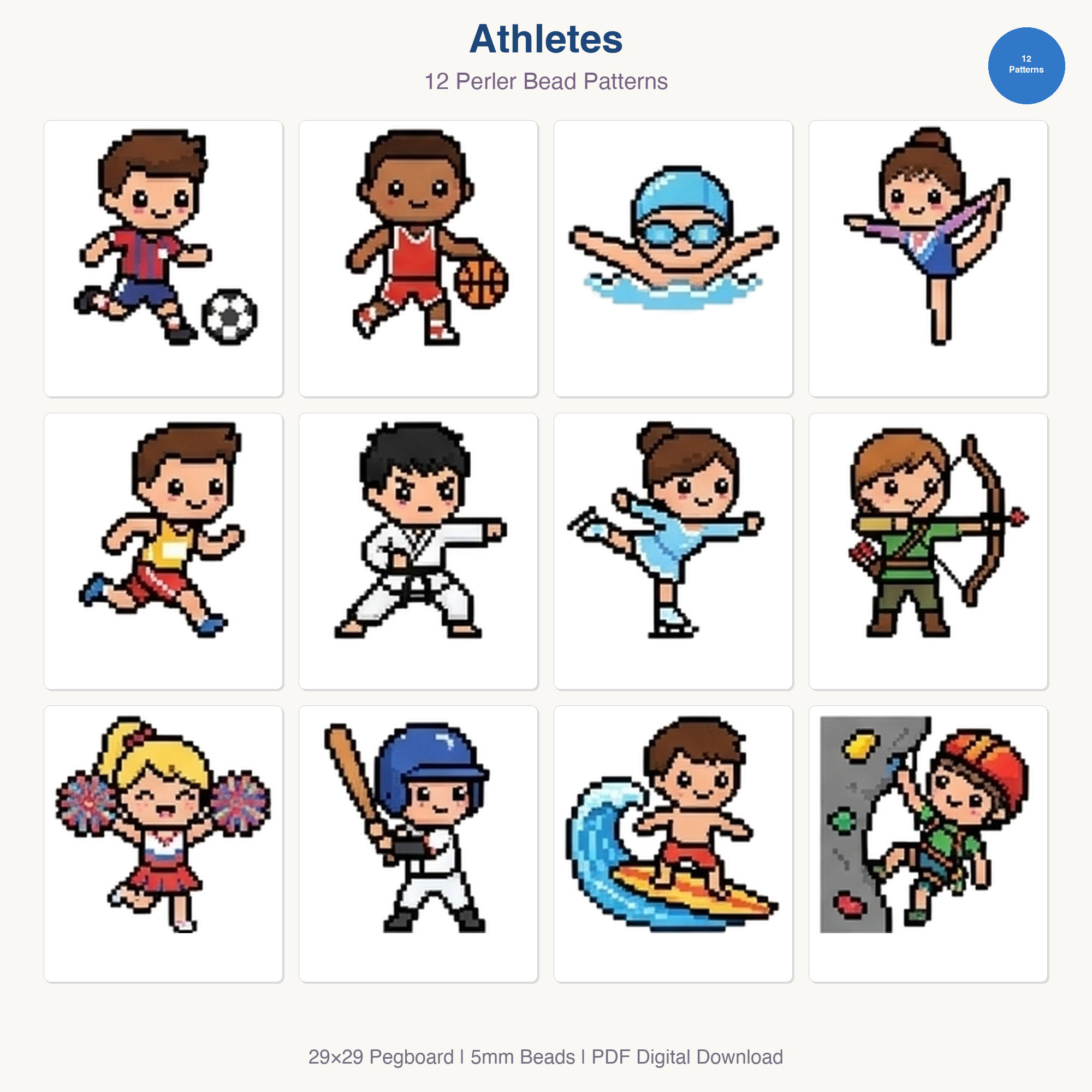 Athletes Perler Bead Patterns Bundle, 12 Designs (PDF Digital Download)