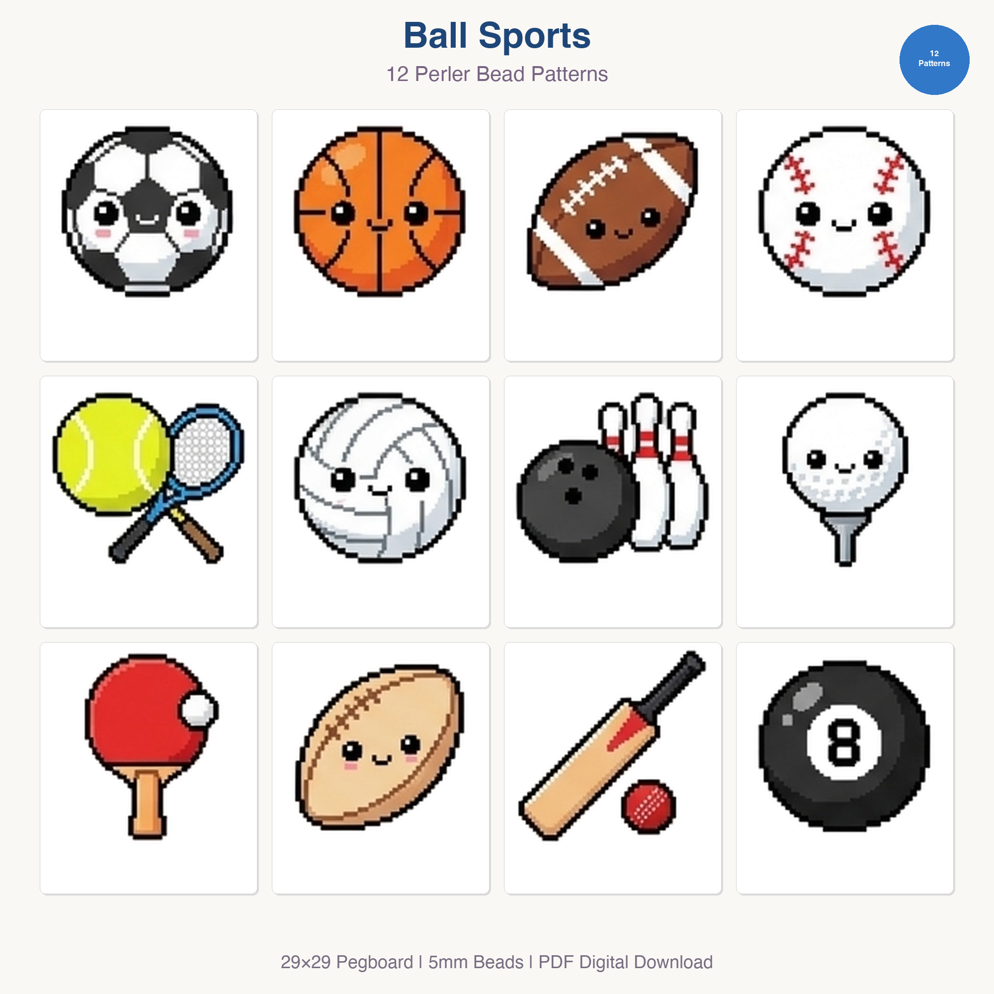 Ball Sports Perler Bead Patterns Bundle, 17 Designs (PDF Digital Download)