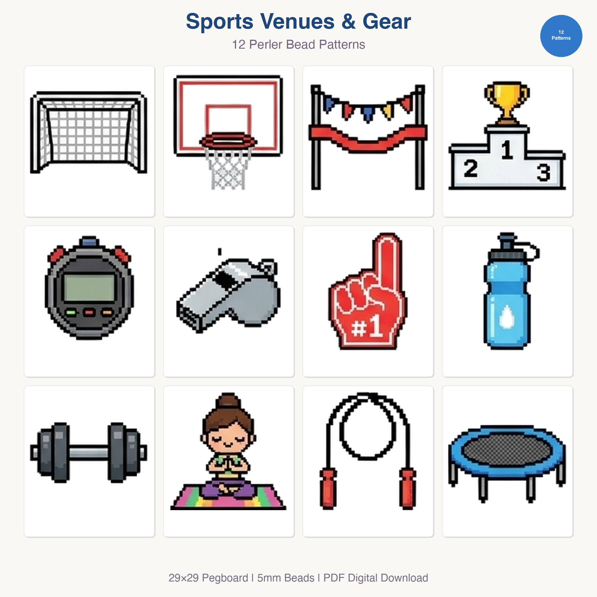 Sports Venues & Gear Perler Bead Patterns Bundle, 12 Designs (PDF Digital Download)