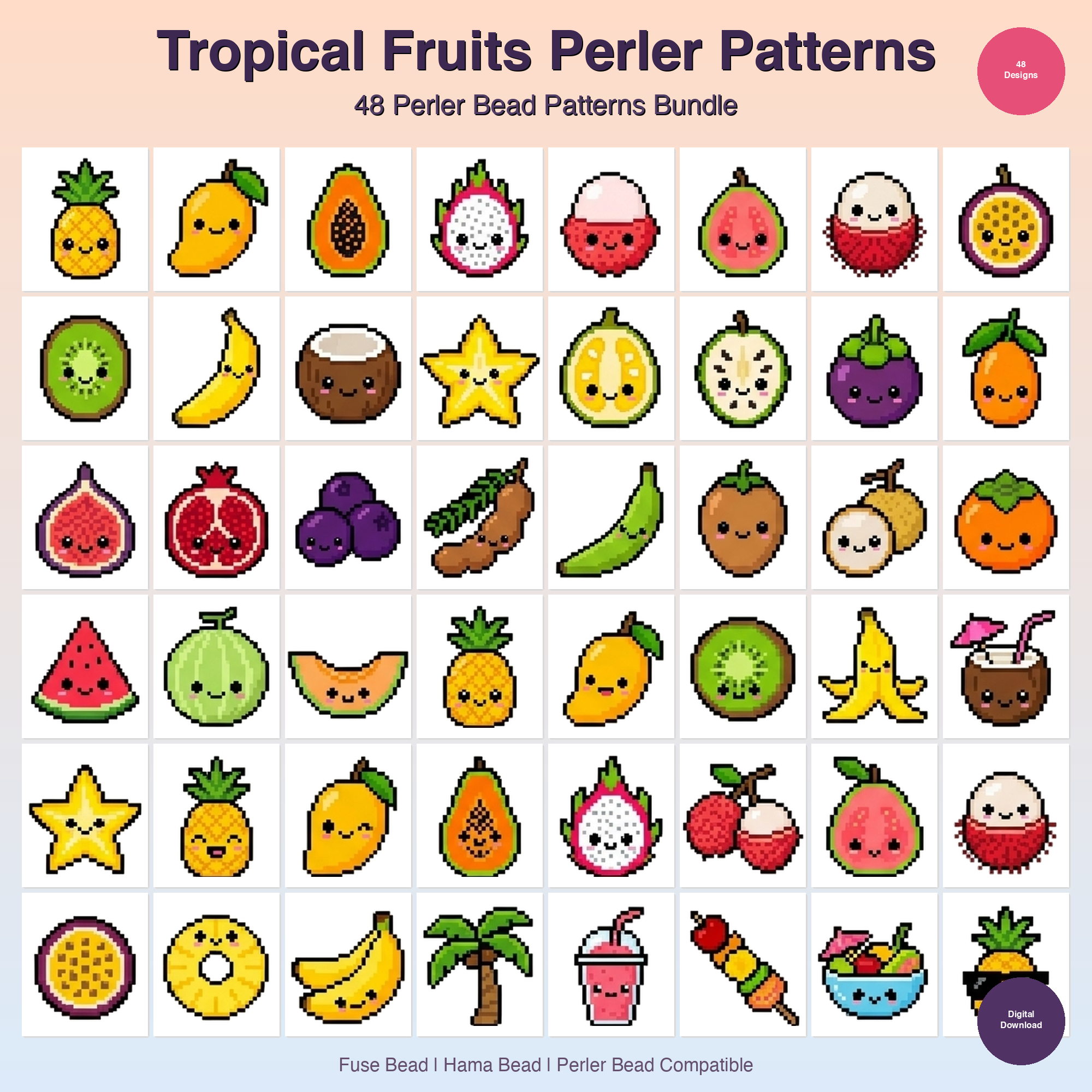 Tropical Fruits Perler Patterns Perler Bead Patterns Bundle, 48 Designs (PDF Digital Download)