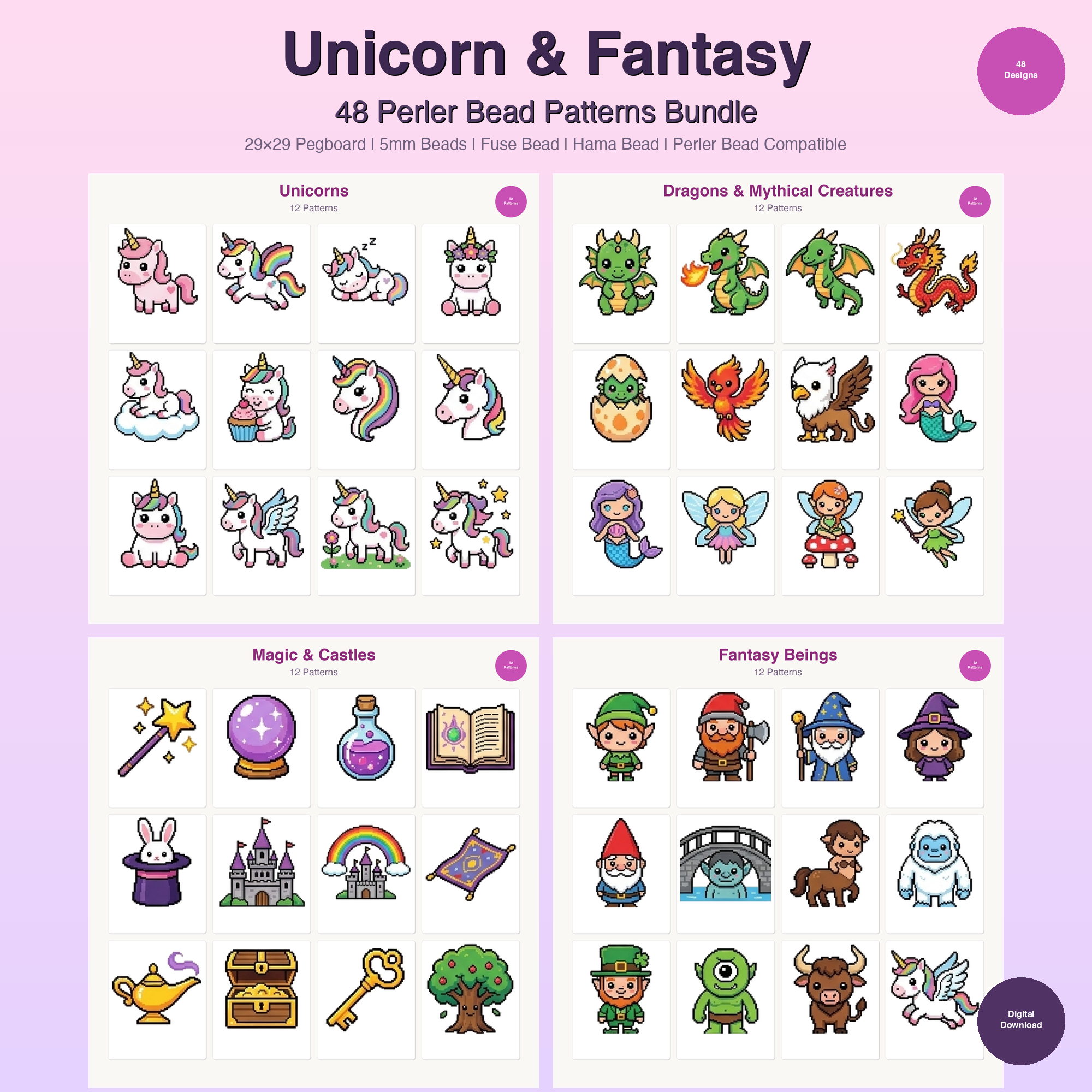 Unicorn & Fantasy Perler Bead Patterns Bundle, 48 Designs (PDF Digital Download)