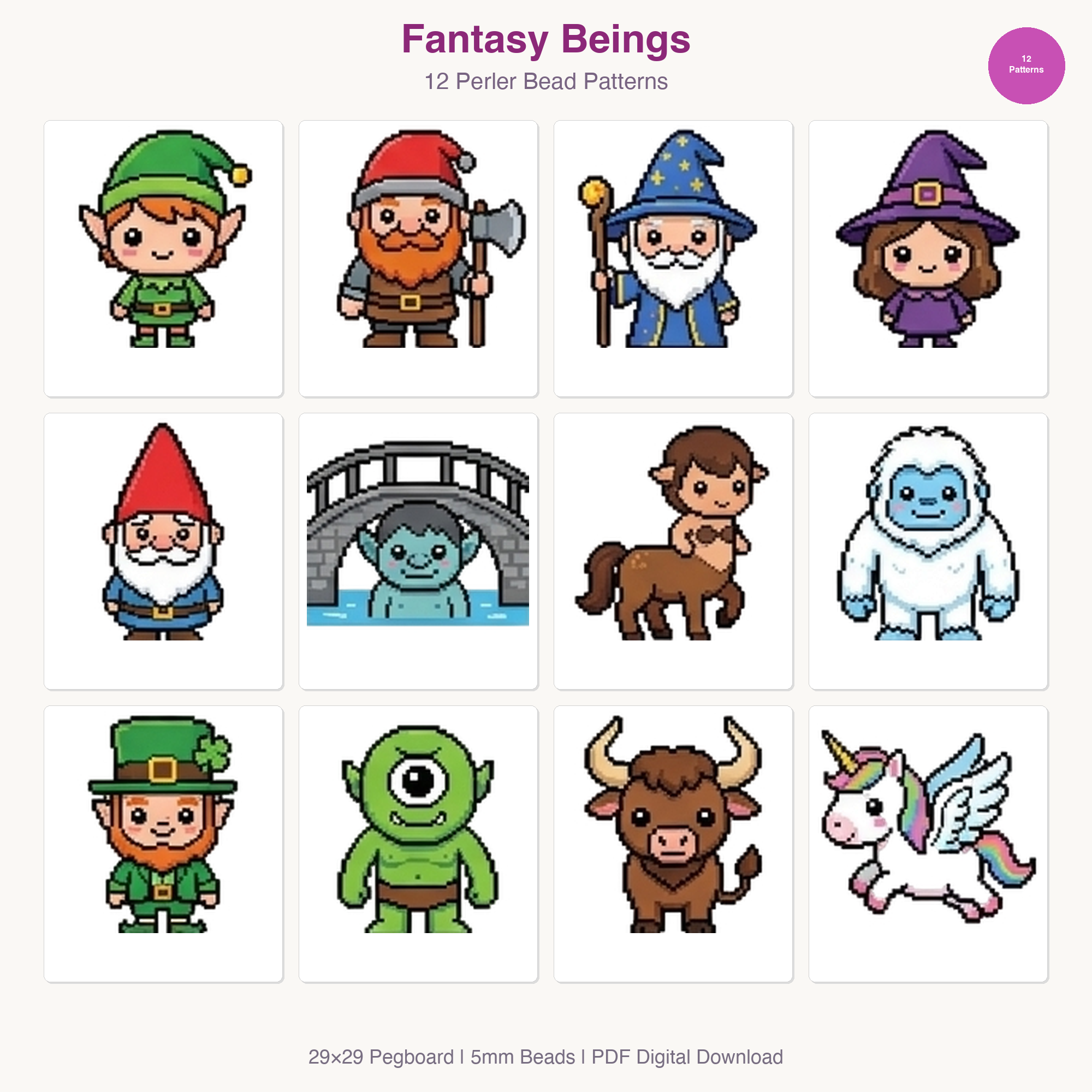 Fantasy Beings Perler Bead Patterns Bundle, 13 Designs (PDF Digital Download)