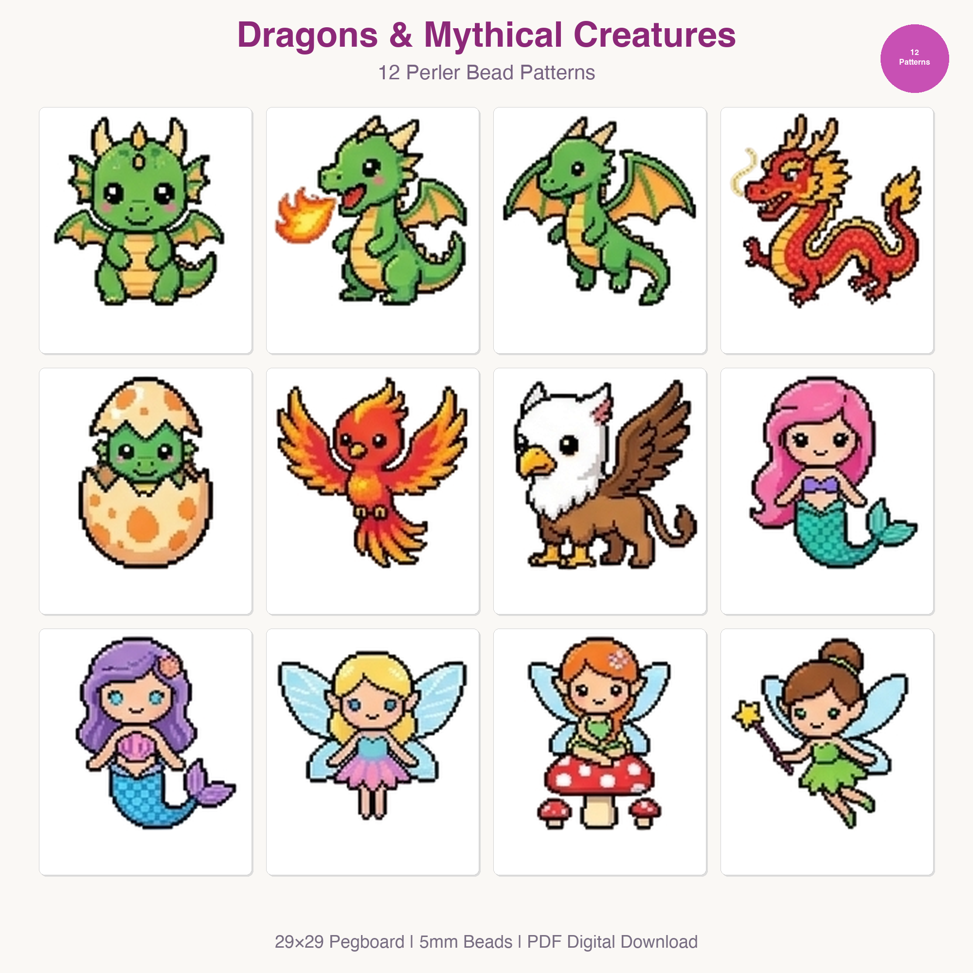 Dragons & Mythical Creatures Perler Bead Patterns Bundle, 11 Designs (PDF Digital Download)