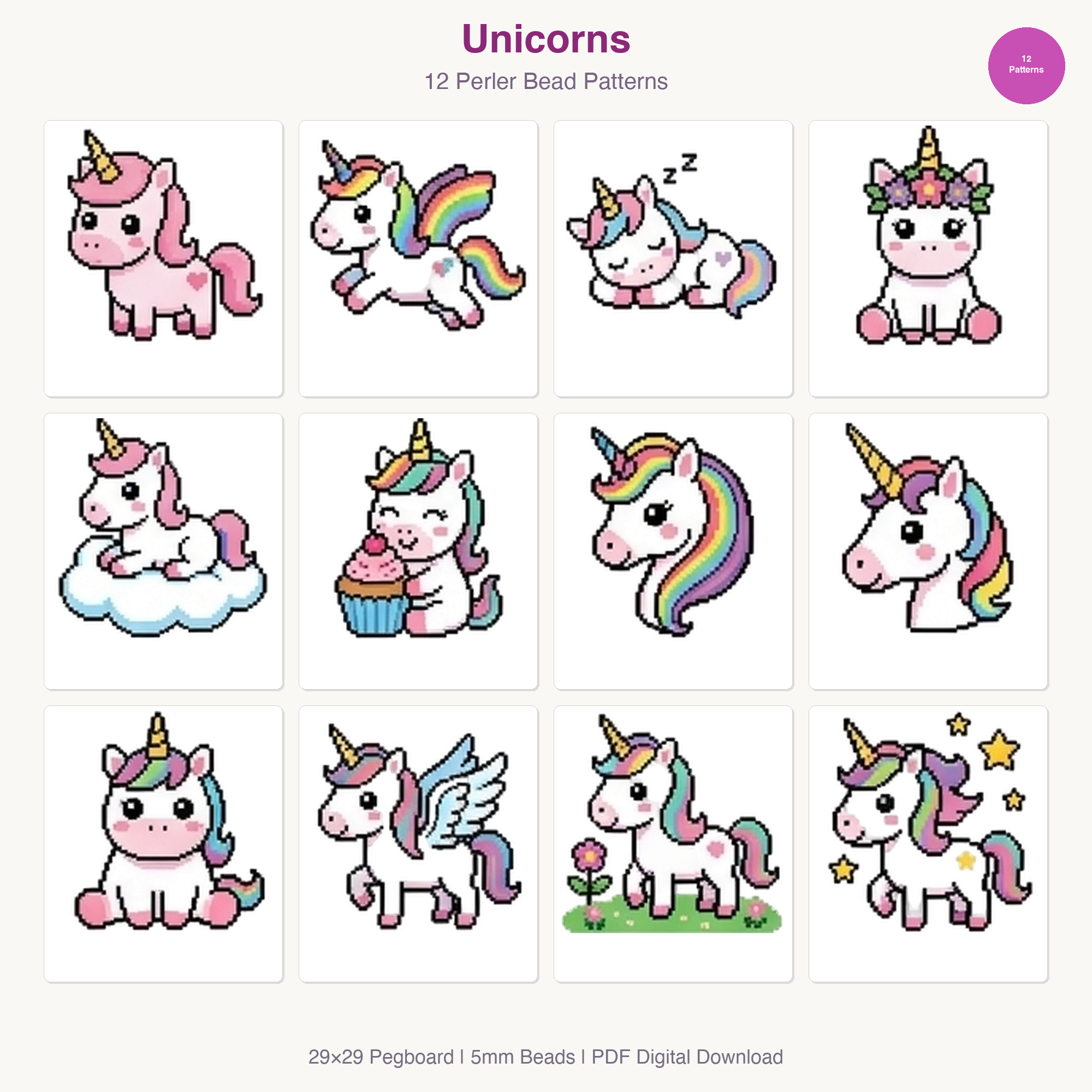 Unicorns Perler Bead Patterns Bundle, 17 Designs (PDF Digital Download)