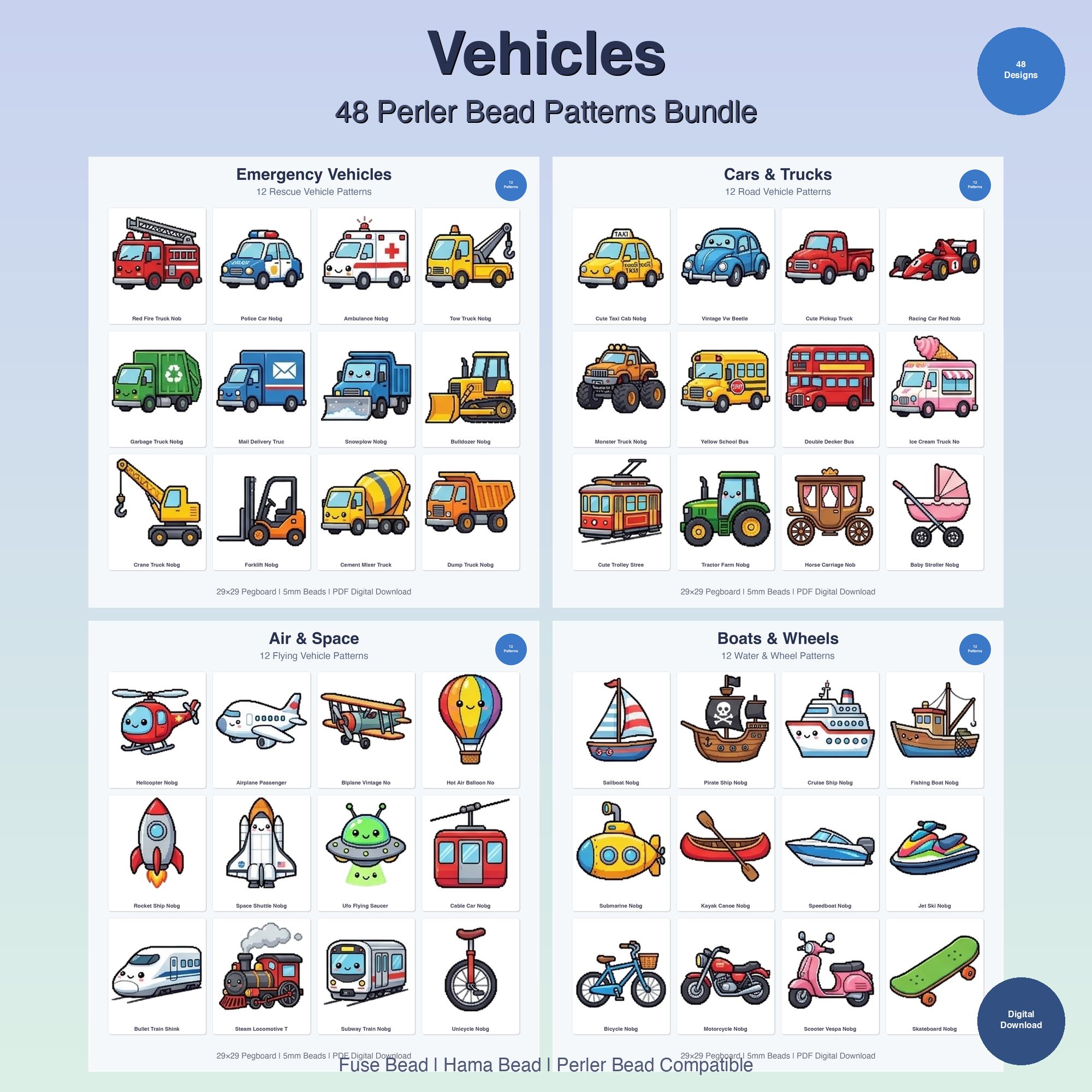 Vehicle Perler Bead Patterns Bundle Perler Bead Patterns Bundle, 48 Designs (PDF Digital Download)