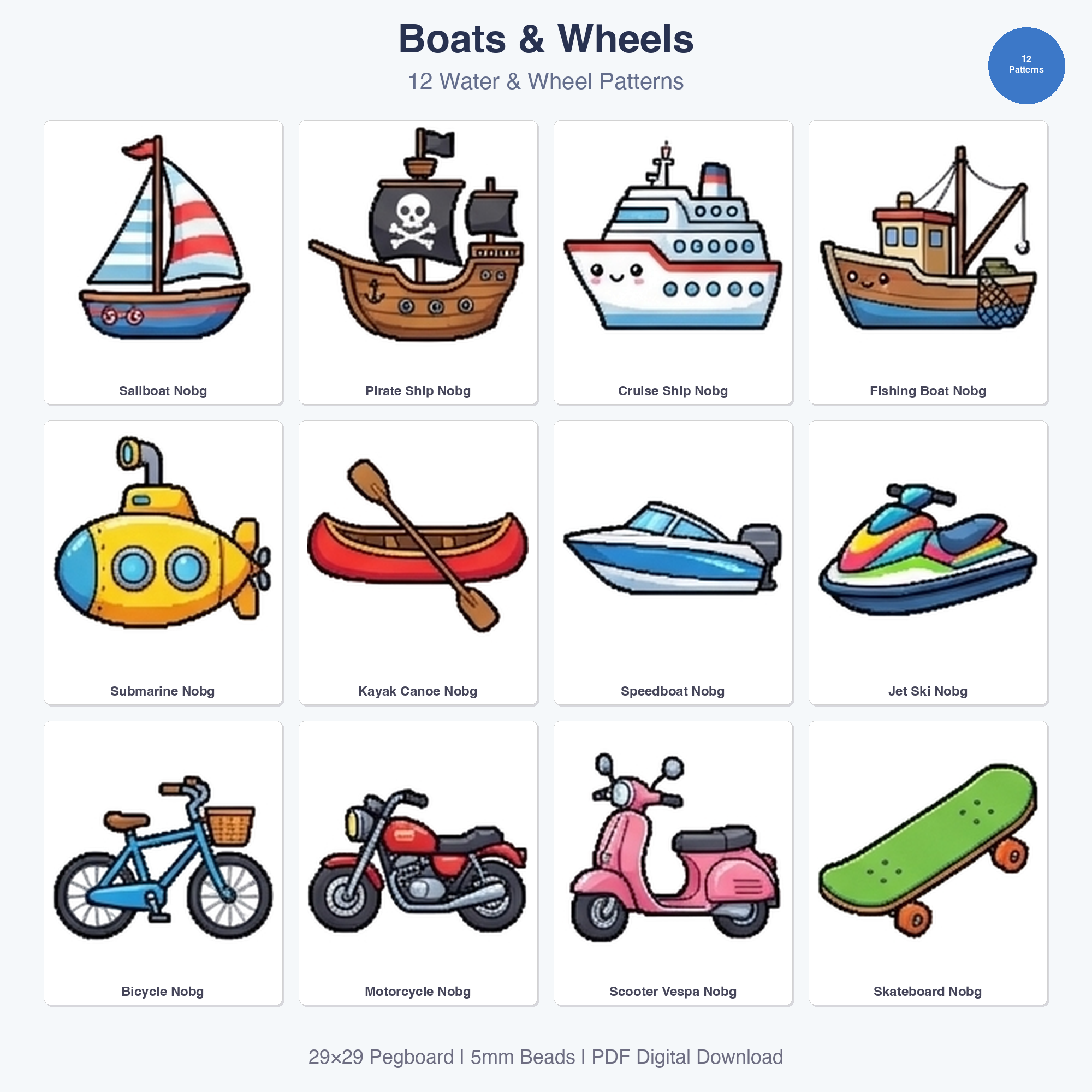 Boats and Wheels Perler Bead Patterns Bundle, 12 Designs (PDF Digital Download)