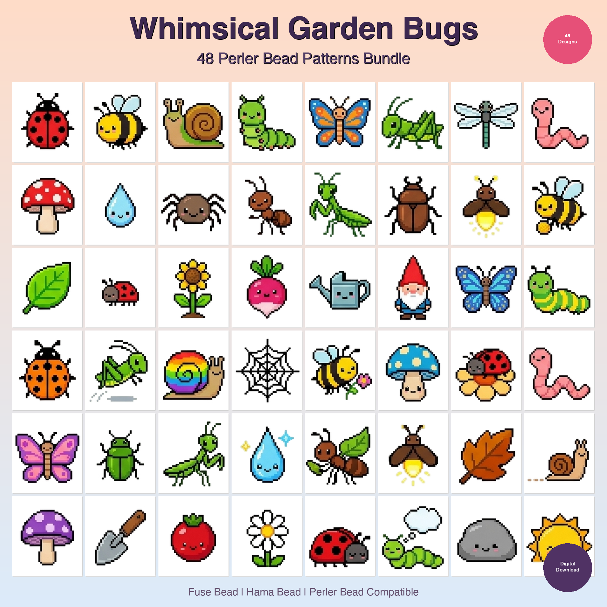 Whimsical Garden Bugs Perler Bead Patterns Bundle, 48 Designs (PDF Digital Download)