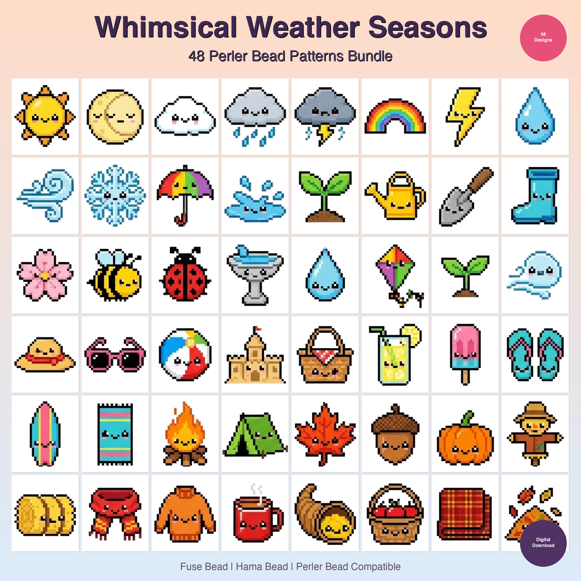 Whimsical Weather Seasons Perler Bead Patterns Bundle, 48 Designs (PDF Digital Download)